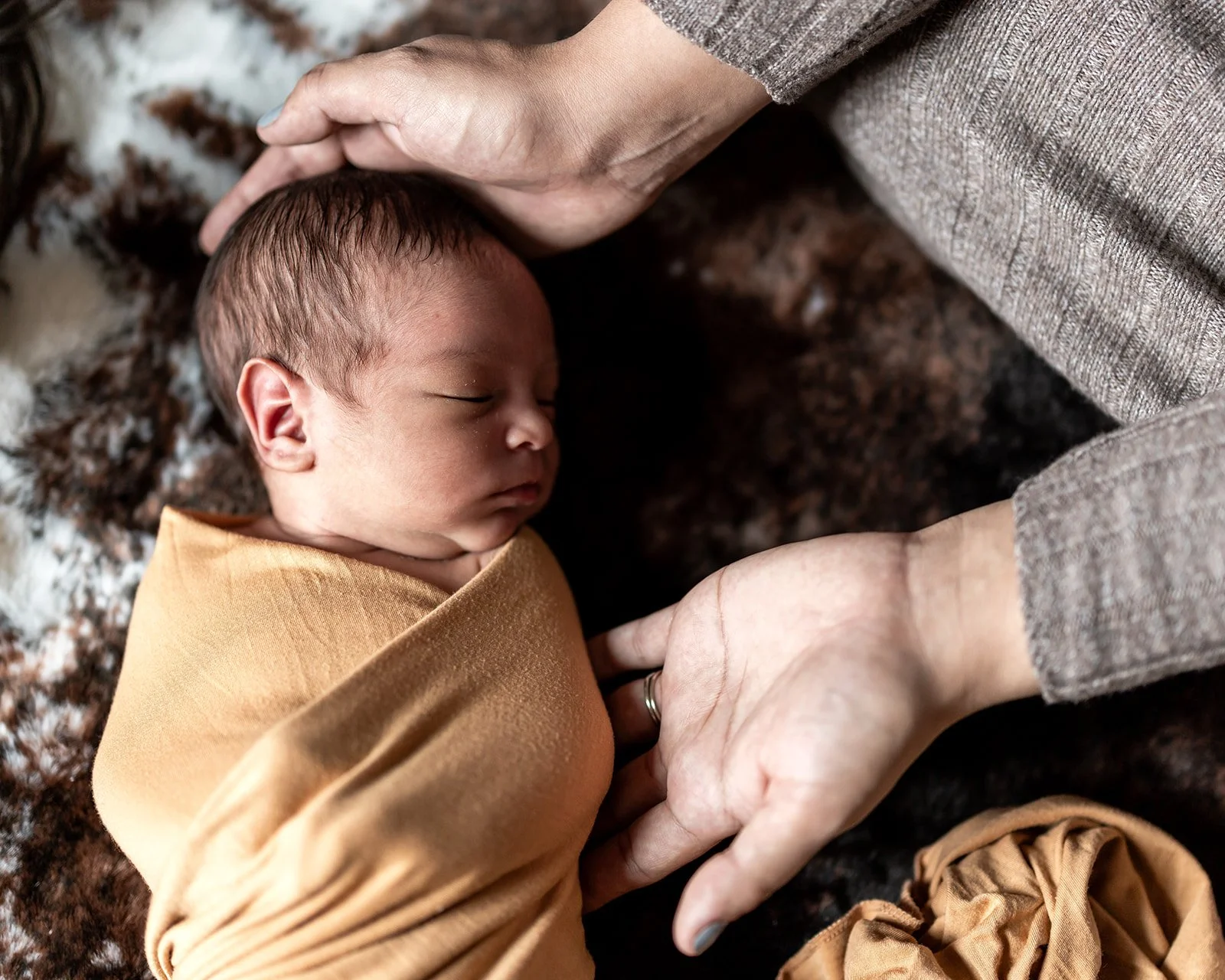 A sleeping newborn baby wrapped in a golden blanket, lying on a soft dark brown and white patterned surface, with adult hands gently cradling the baby's head and holding their tiny hand.