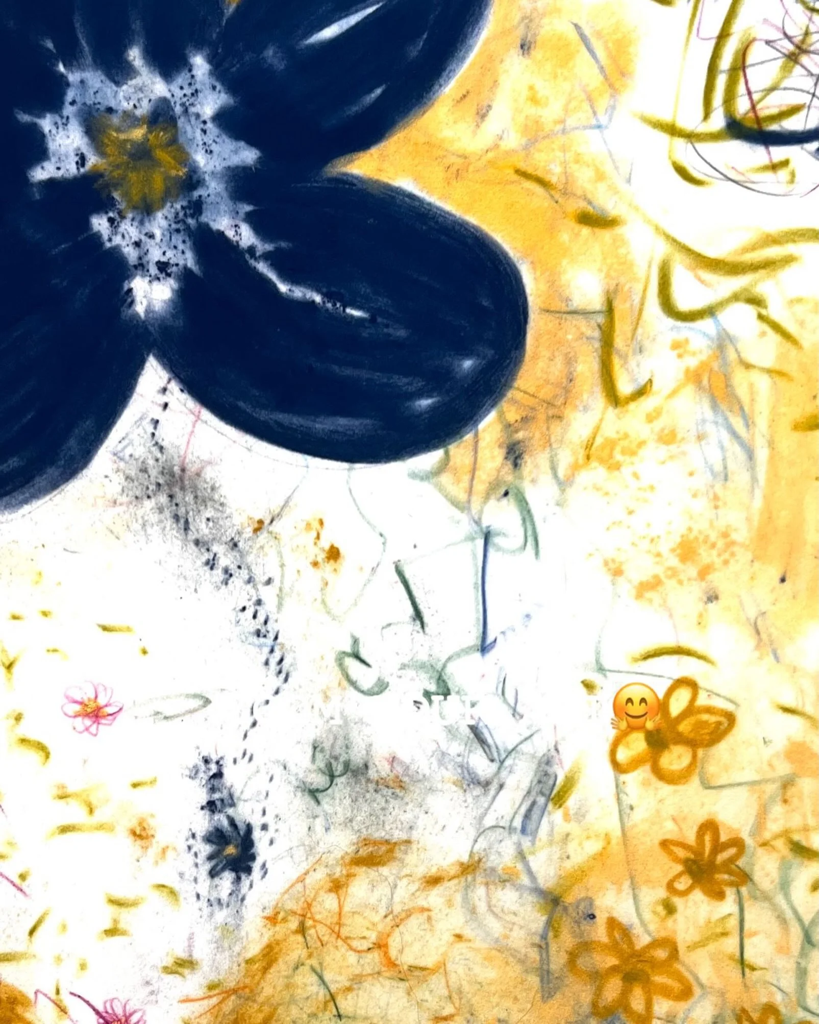 Some of the exuberant action of Full Moon Floral Frenzy: gestural marks, plant energy, flowers. This is just a detail of this 2026 pastels, graphite, and colored pencils on paper, 27.5 x 19.75 inches and ready for framing and hanging for some enliven