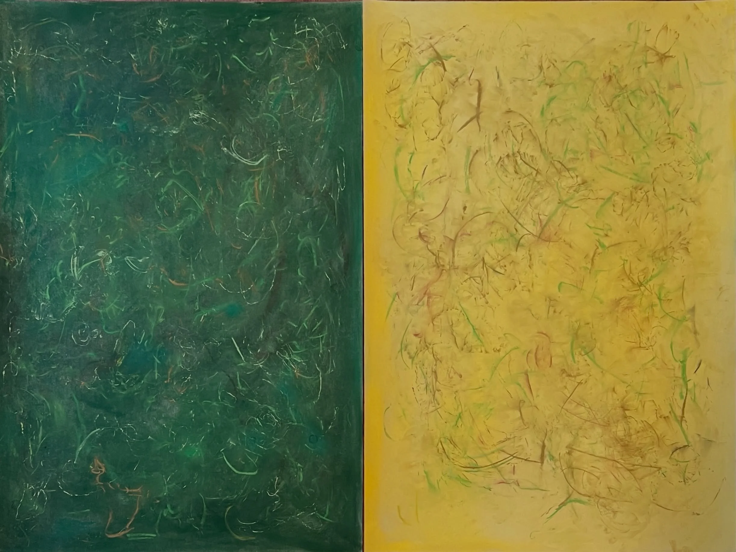 So happy working large, and it shows. I need a bigger studio. This layered-with-gestural-details diptych is pastels on two panels of sanded pastel paper that can be either 40 x 54 inches as shown in this rough studio photo, or 27 x 80 inches. Onward!