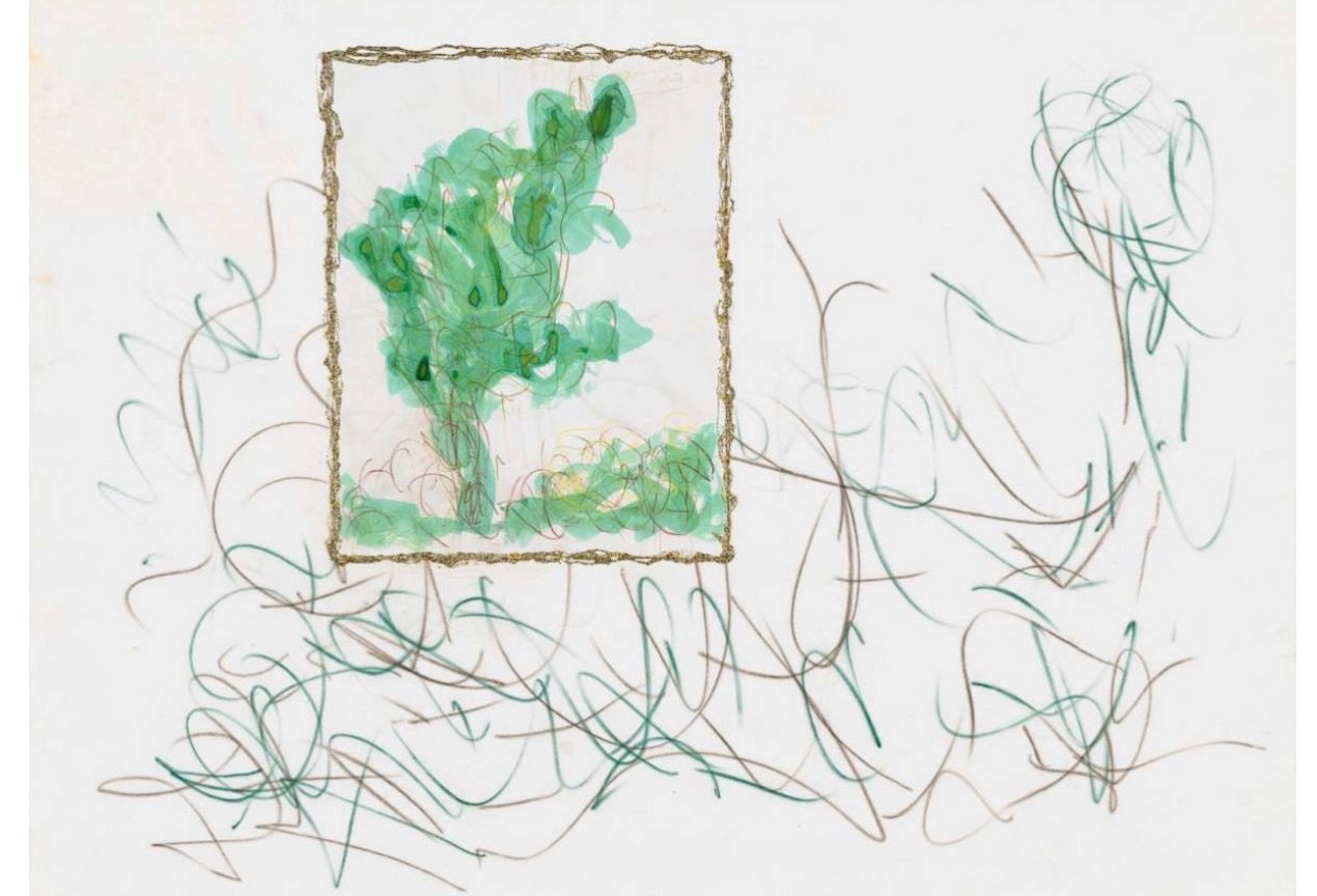 Lots developing in my art studio this year, flowing out from a centered timeless space inside and outside. See it and more by appointment. tree and grasses seen through a window. pastel colored pencils, ink, glitter glue, and paper collage on pastel 