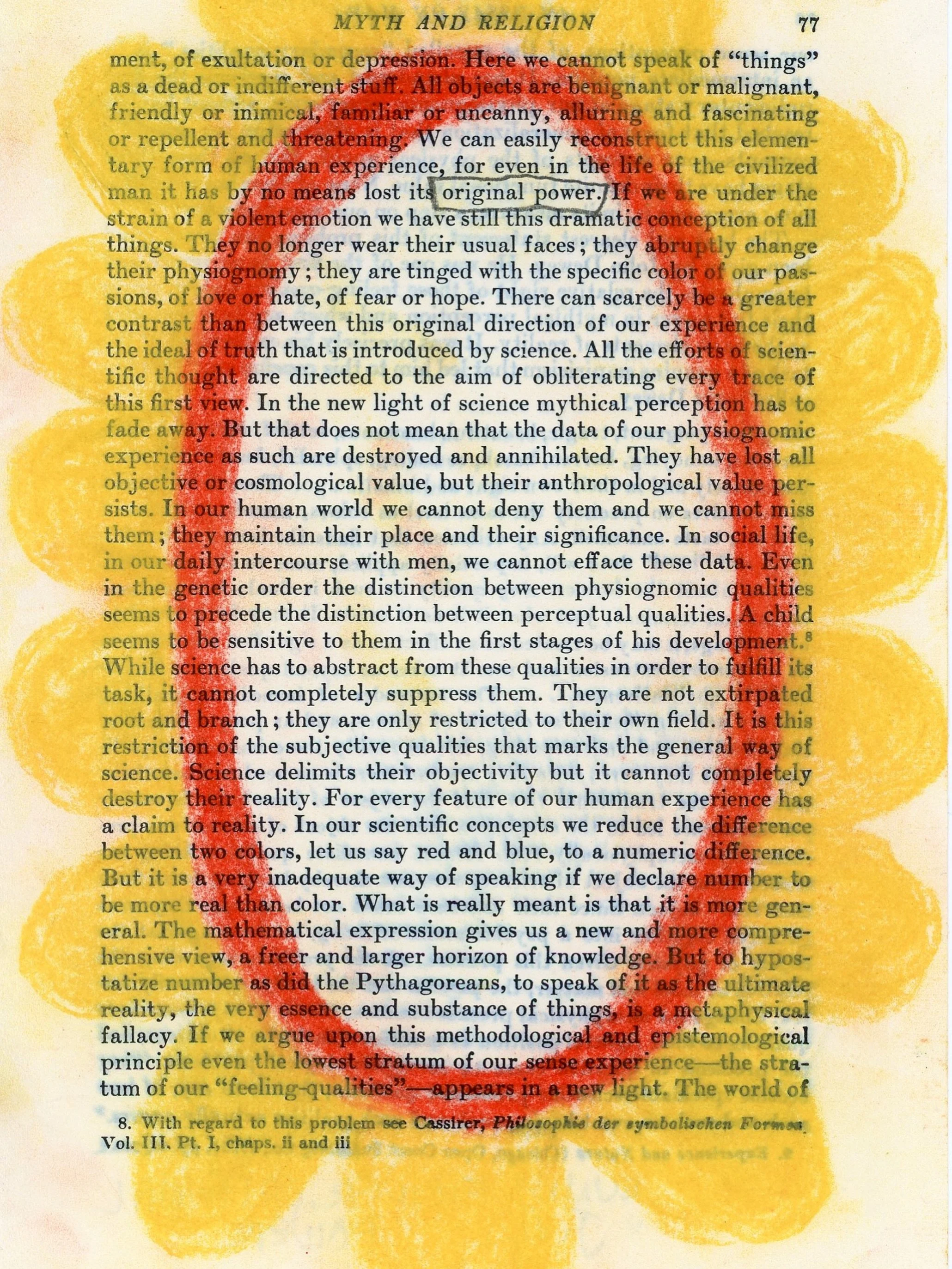 Sunny Flower, Original Power, is an abstract botanical drawing, pastel pencils and ink, to brighten up your life with its simple joy. Titles of most of my book page art come from the text. 2026. 8 x 5.125 inches. $600. #ernstcassirer #sunflowerart #c
