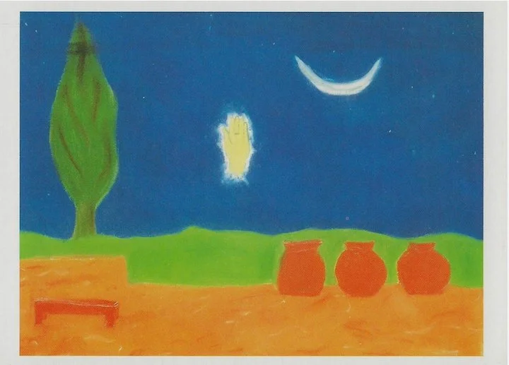 licensing reproduction rights three red jars bench grass tree disembodied hand in blue sky with crescent moon