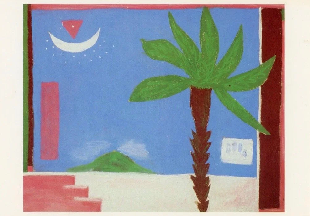 self portrait with palm tree pink steps blue sky symbolism crescent moon licensing reproduction rights