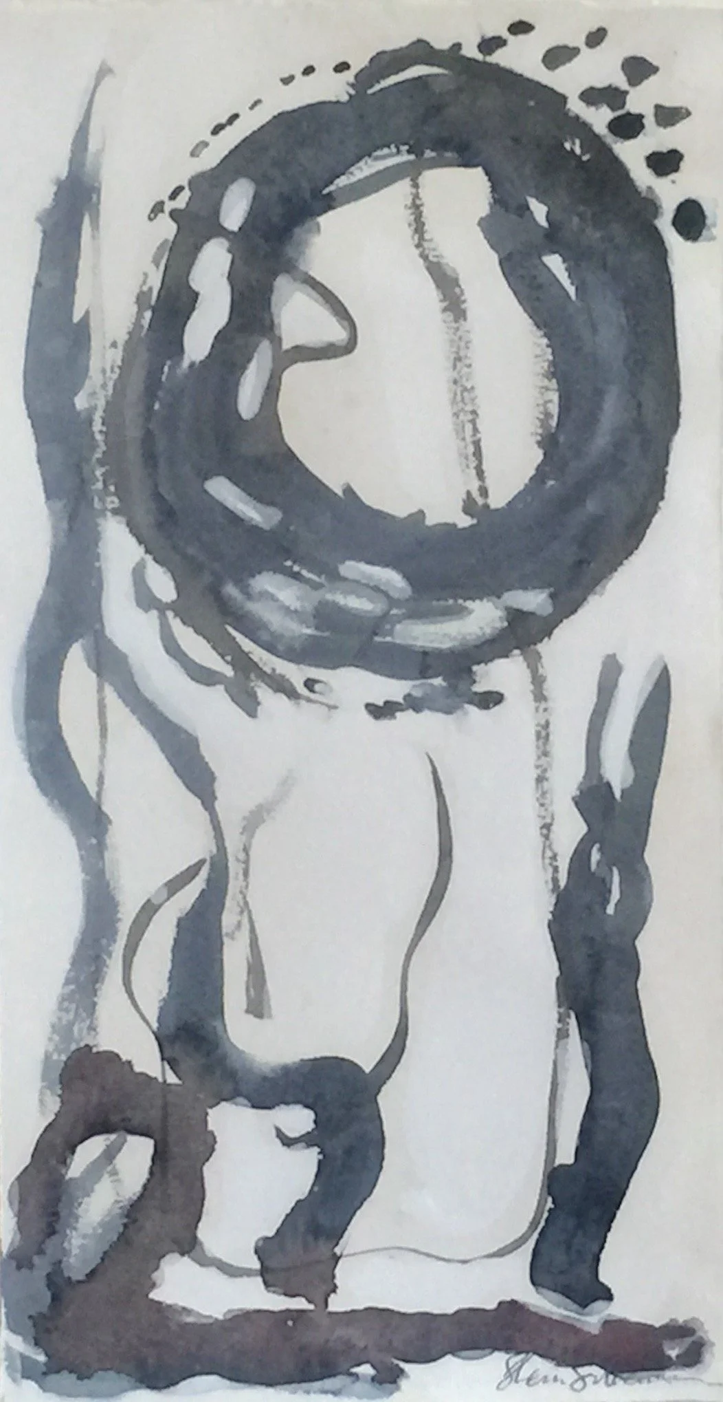Birth. 2015. sumi ink, cochineal, indigo, and oyster shell pigment on Arches Cover paper.  Private collection, San Francisco, CA. 14" x 7.25".