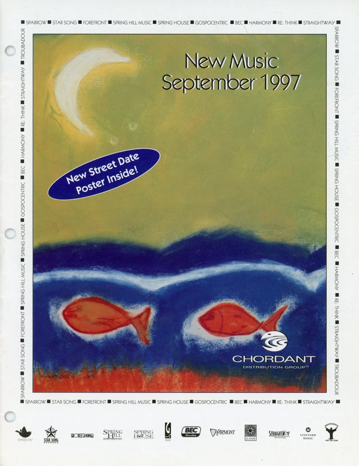 art reproduction rights licensing cover image goldfish swimming blue water yellow-green sky with crescent moon
