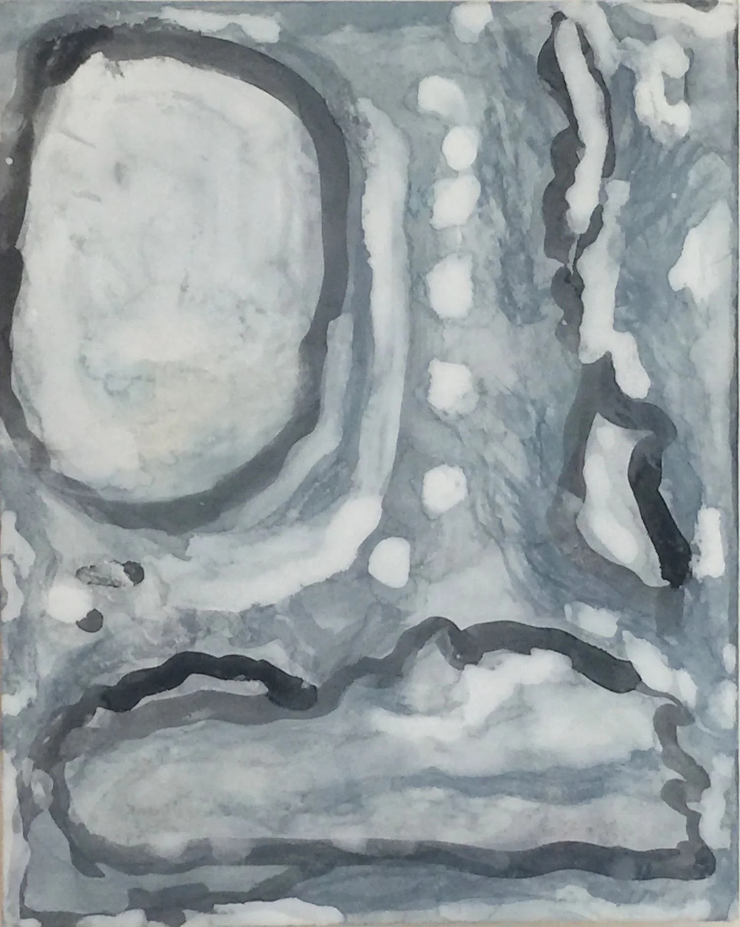 Floating on Air. 2015. indigo, sumi ink, and oyster shell pigment on Kumohadamashi paper mounted on panel. 10" x 8" x 0.75".