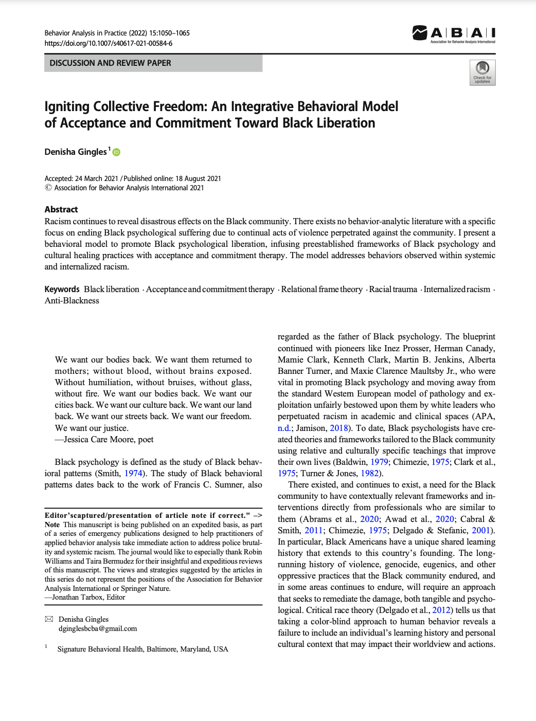 Igniting Collective Freedom: An Integrative Behavioral Model of Acceptance and Commitment Toward Black Liberation