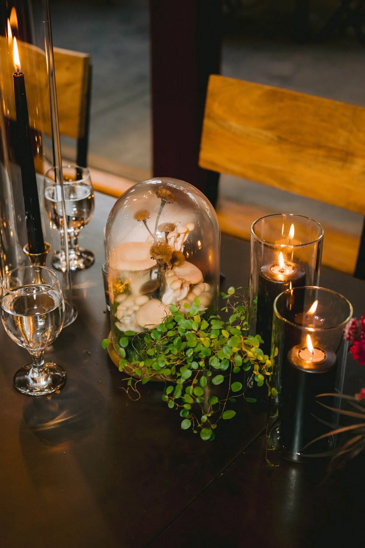 Glass Cloche Mushroom Centerpiece with Black Candles