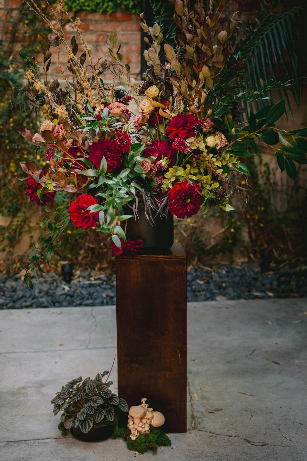 Wild Autumn Floral Installation on Pedestal with Mushrooms and Velvet Plant