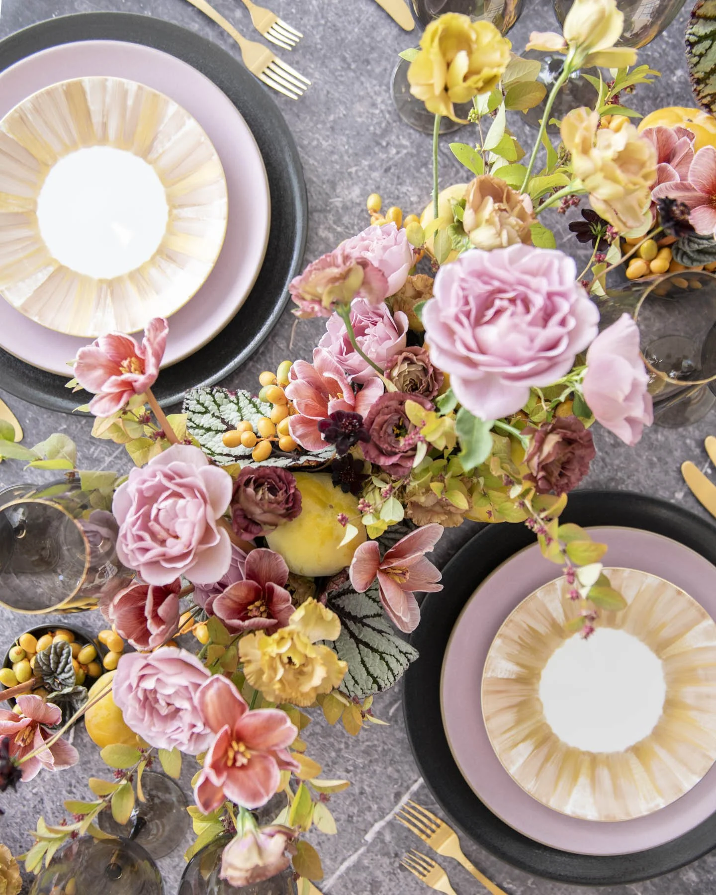 Romantic Garden-Inspired Tablescape with Citrus and Mauve Florals
