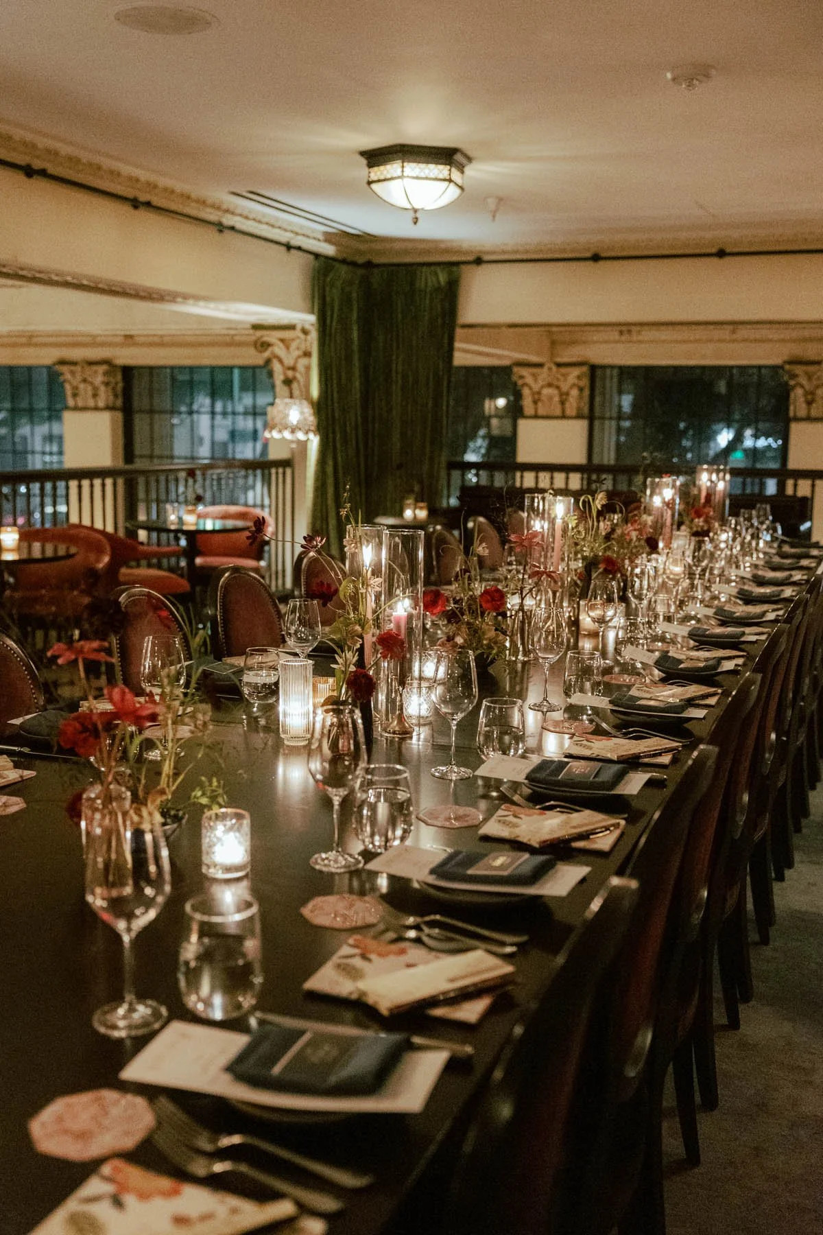 Romantic Candlelit Wedding Reception Table with Moody Florals at Hotel Per La