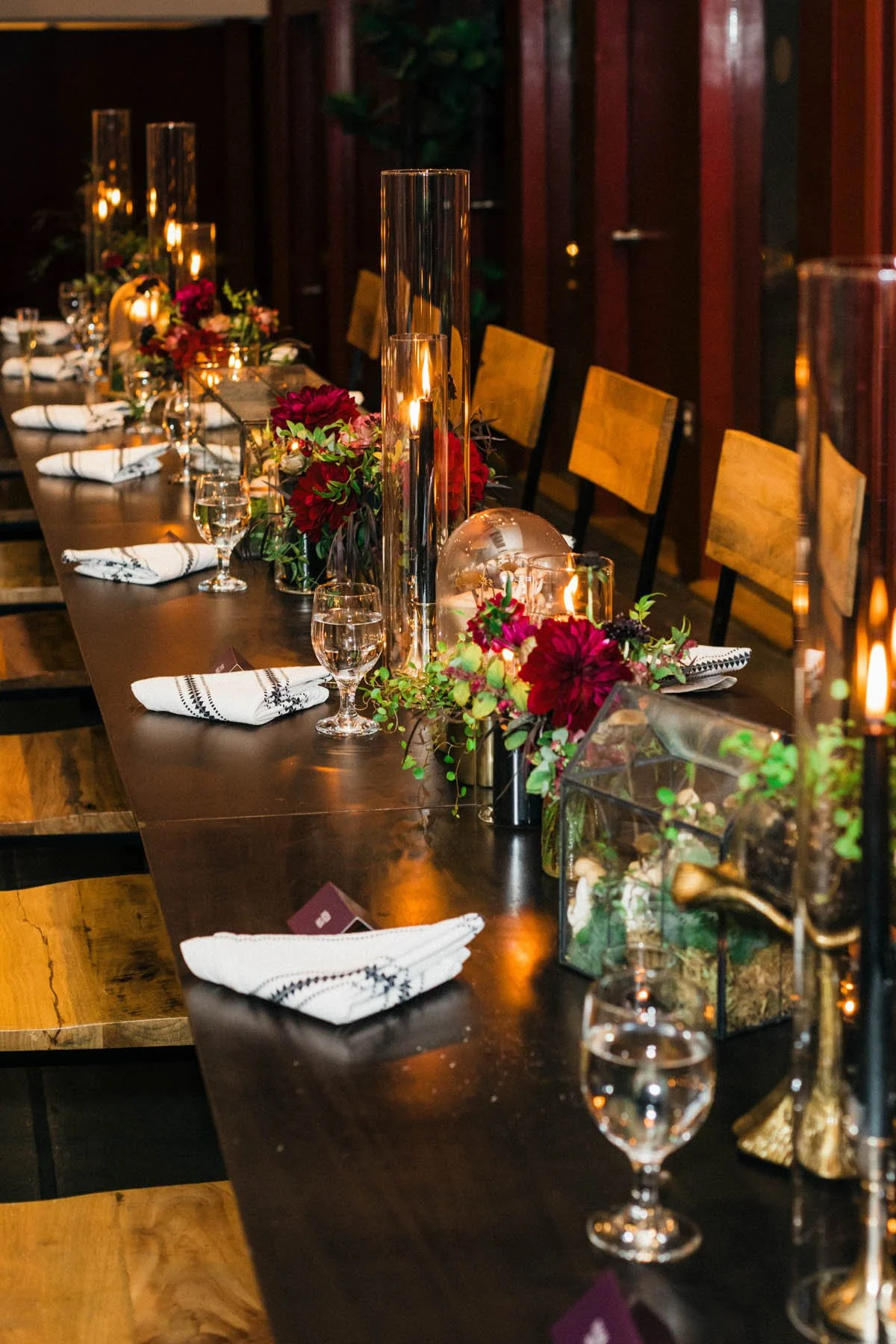 Long Dark Wedding Table with Mushroom Terrariums and Candlelight
