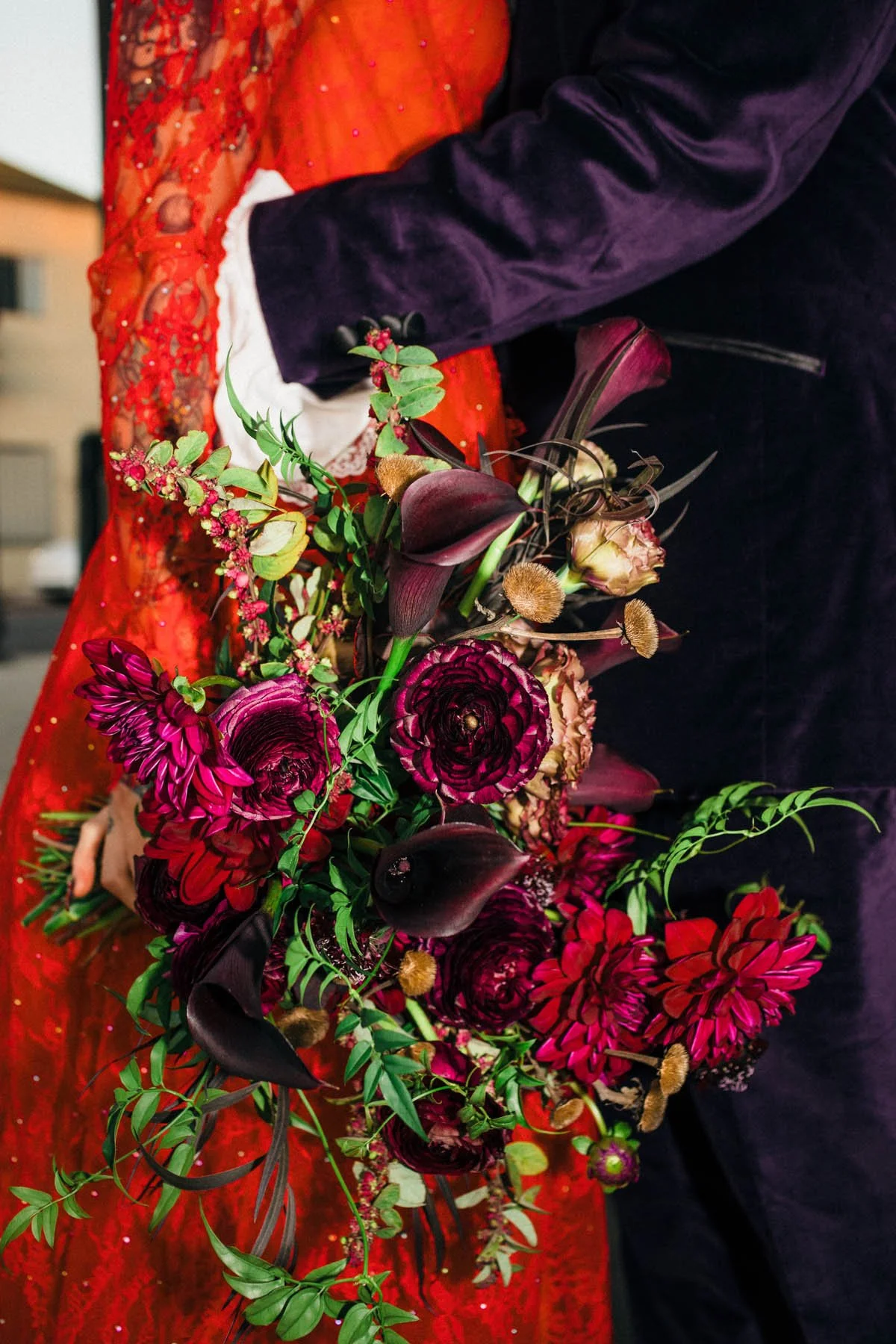 Crimson Gothic Wedding Bouquet with Velvet Groom