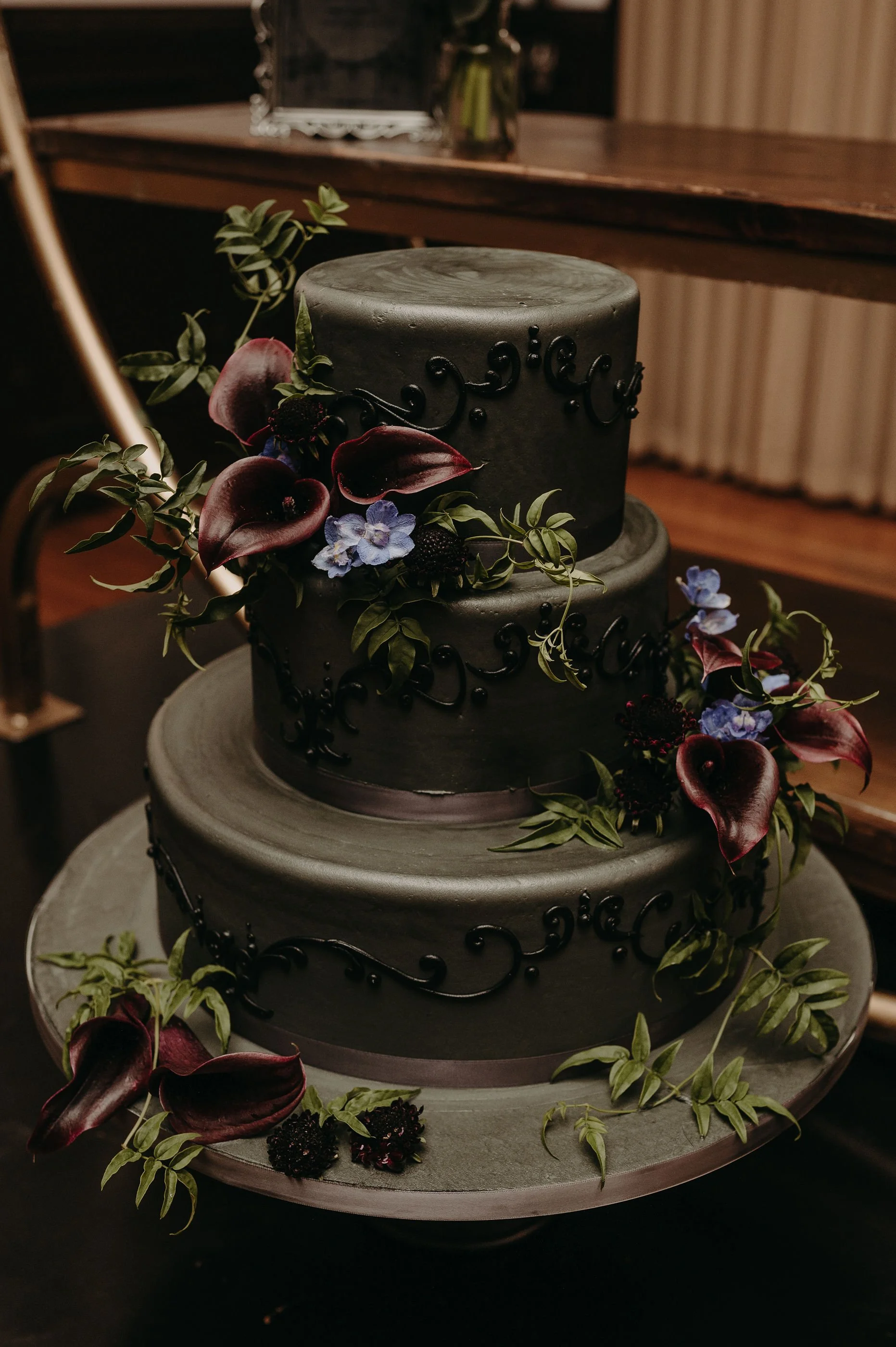 Gothic Black Wedding Cake with Dark Calla Lilies