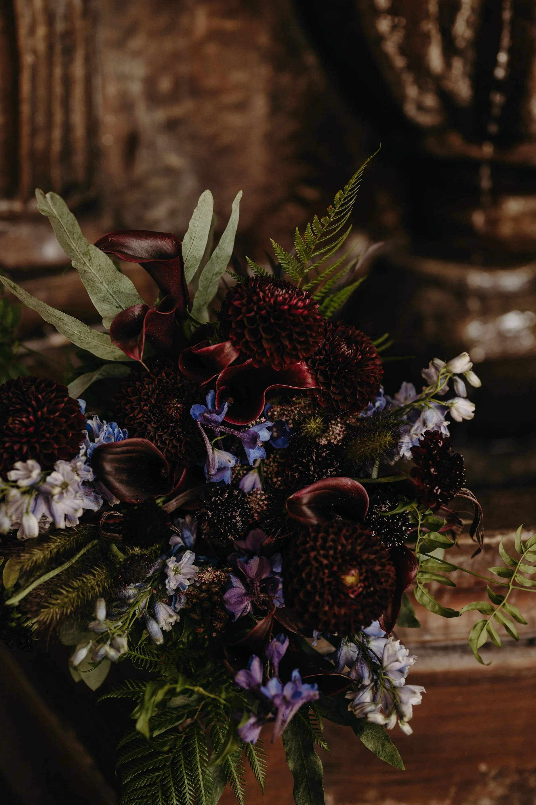 Moody Burgundy and Indigo Wedding Bouquet with Black Calla Lilies