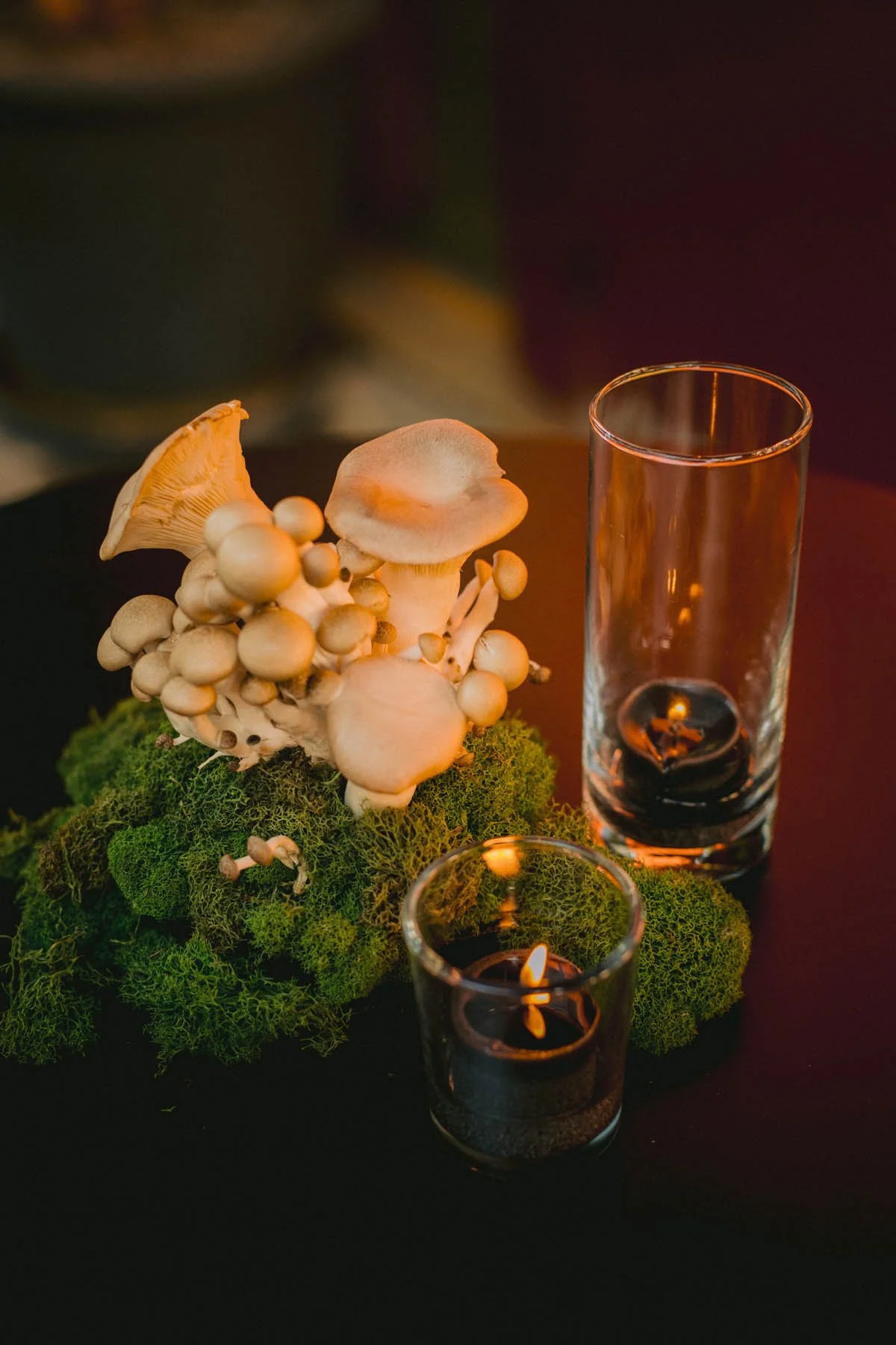 Oyster Mushroom and Moss Centerpiece with Black Candles