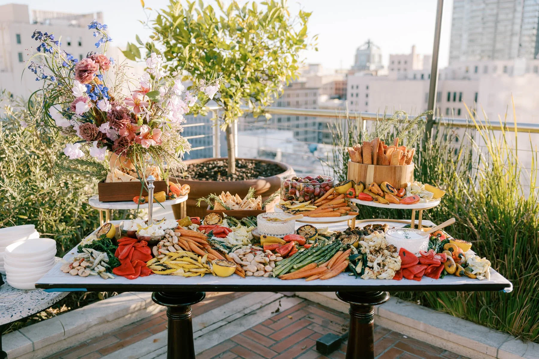 Rooftop Grazing Table with Garden-Inspired Floral Design