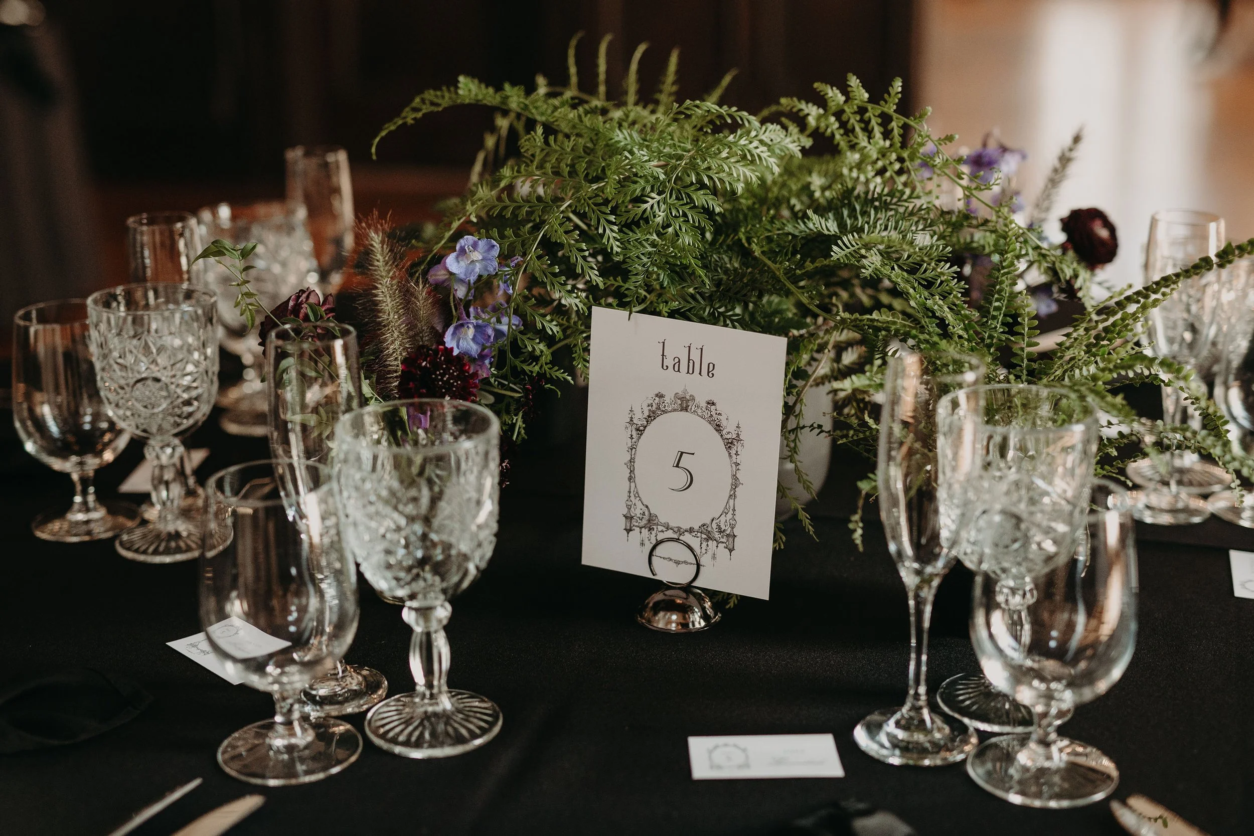 Moody Fern Centerpiece &amp; Crystal Glassware with Gothic Table Number