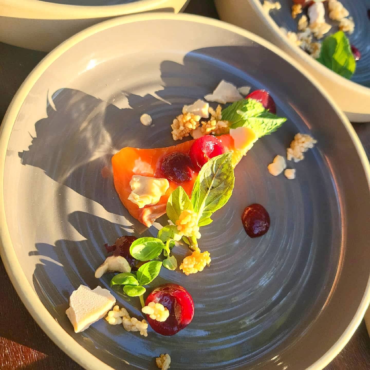 Green curry cured wild king from @sunhfish with pickled cherries. Grilled Cherry Puree,  trinity herb salad, fish sauce-puffed rice, liquid nitrogen frozen red-coconut curry.

#eatatlocalis #localiscominghome #iminlovewithcookingagain #whyicook #mich