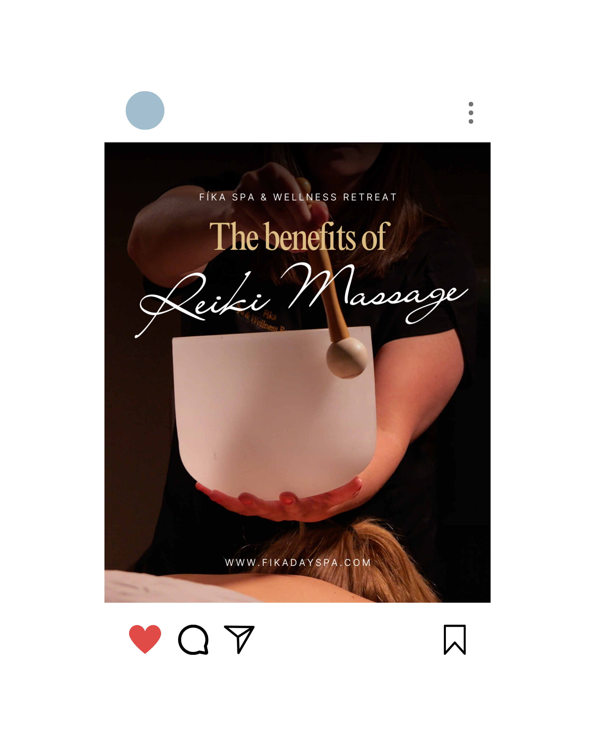 Social media graphic that promotes the benefits of Reiki Massage, showing a woman performing Reiki massage with her hand over a client, and the website URL at the bottom.