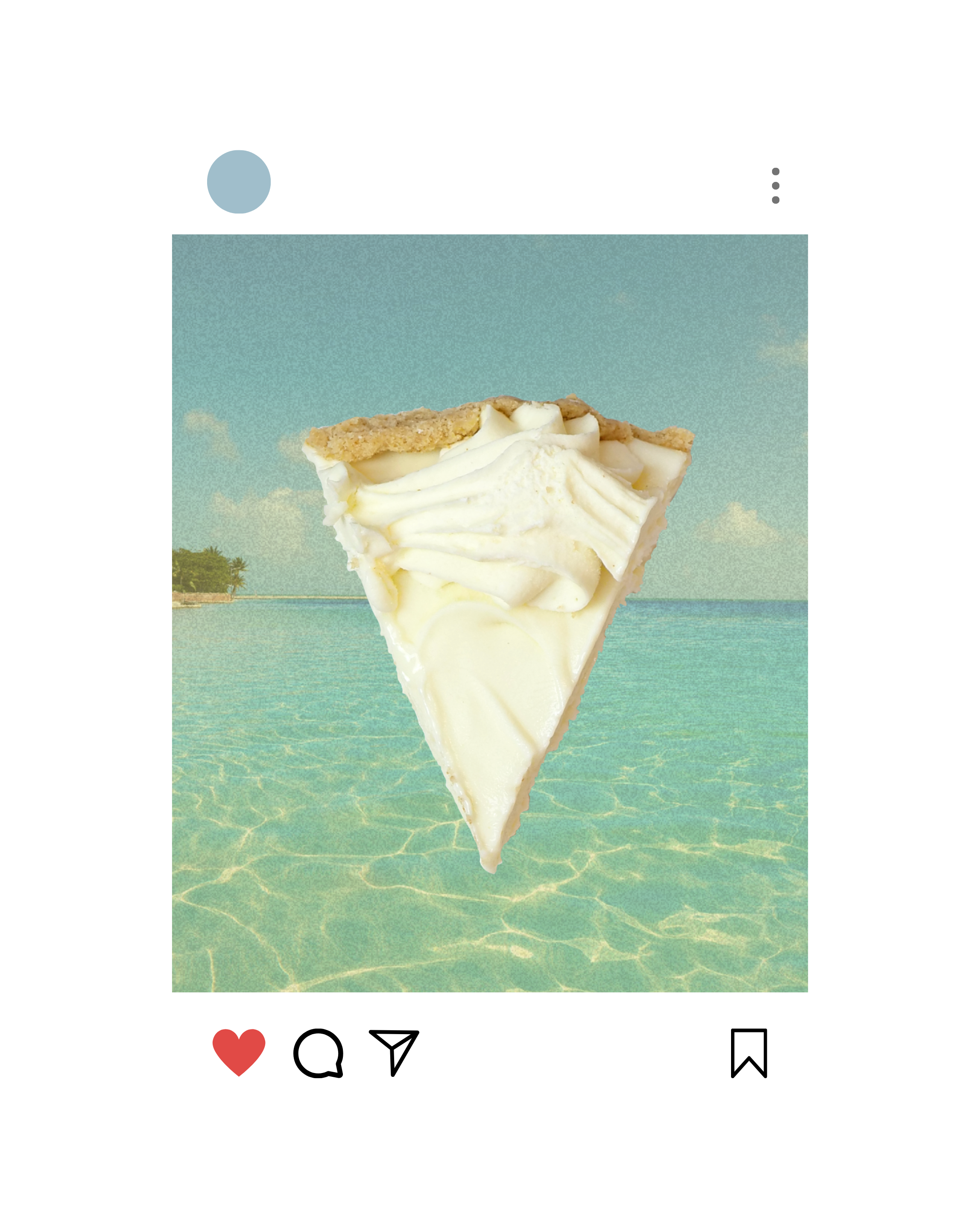Social media graphic that showcases a slice of key lime pie against a tropical beach background with clear water, sandy shore, and palm trees.