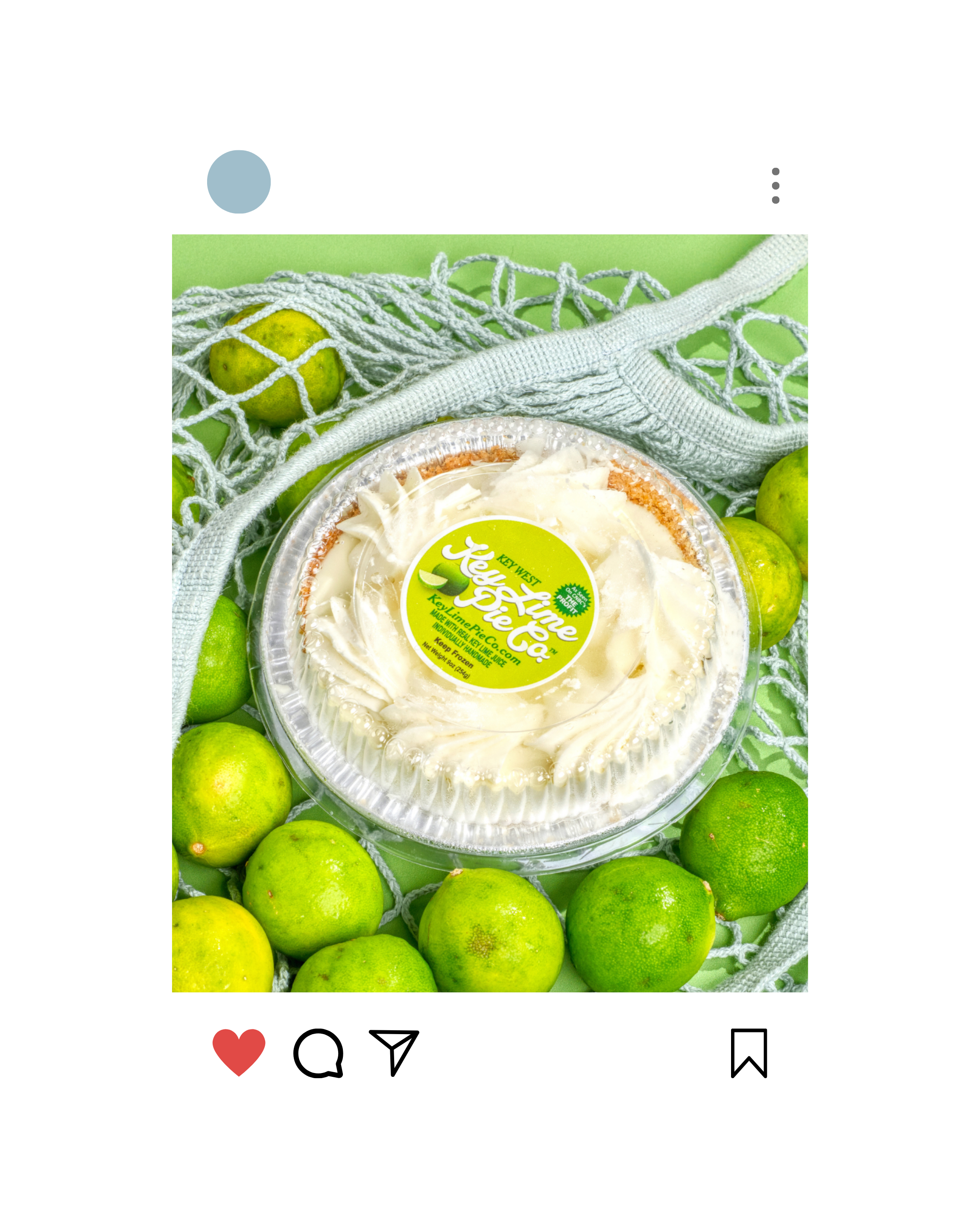 Social media graphic that showcases a mini key lime pie surrounded by green key limes and a teal mesh bag, with a green background.