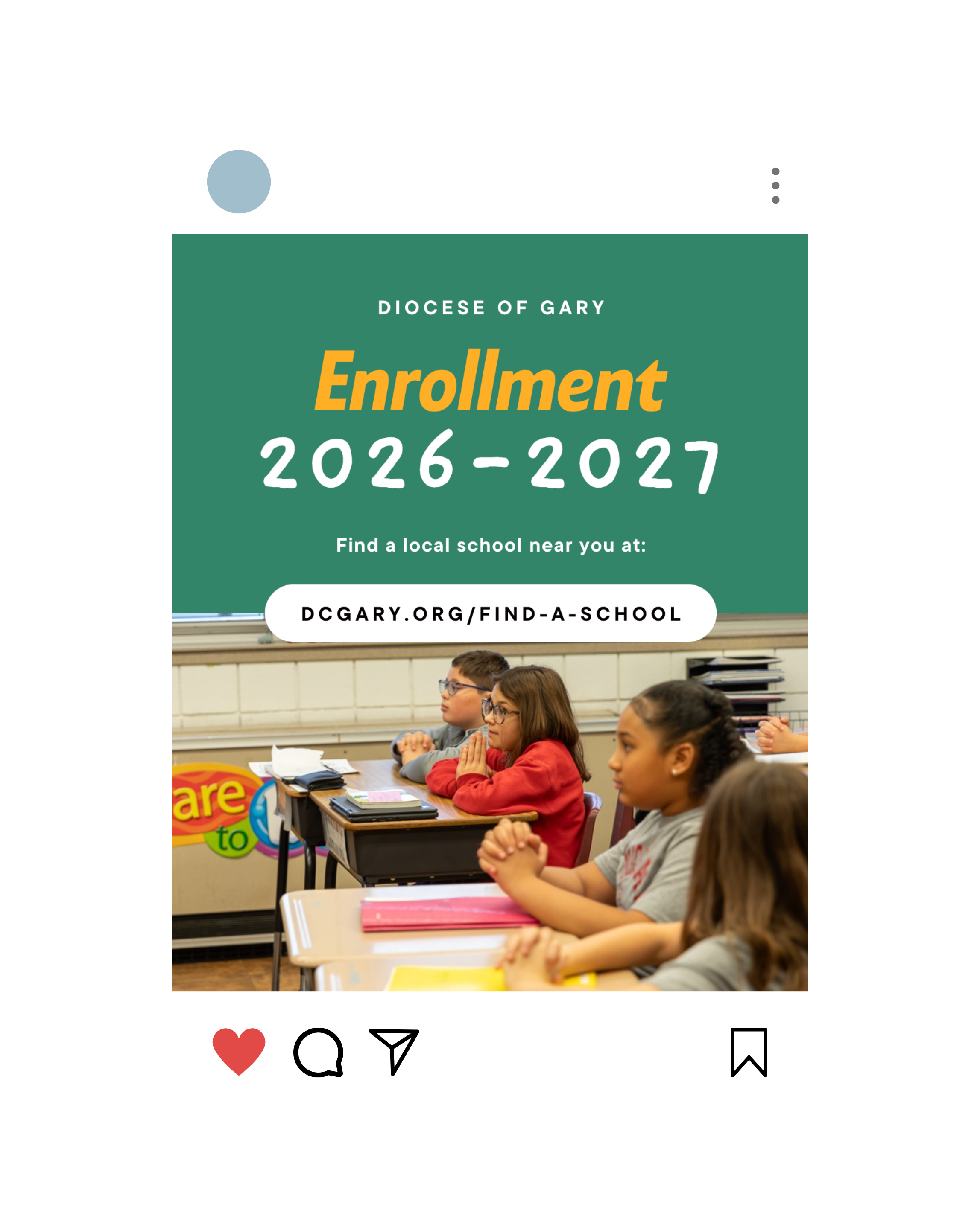 Social media graphic that showcases enrollment for 2026-2027 and features a photo of students sitting at desks in a classroom, appearing attentive and engaged, with notebooks and pens on their desks.