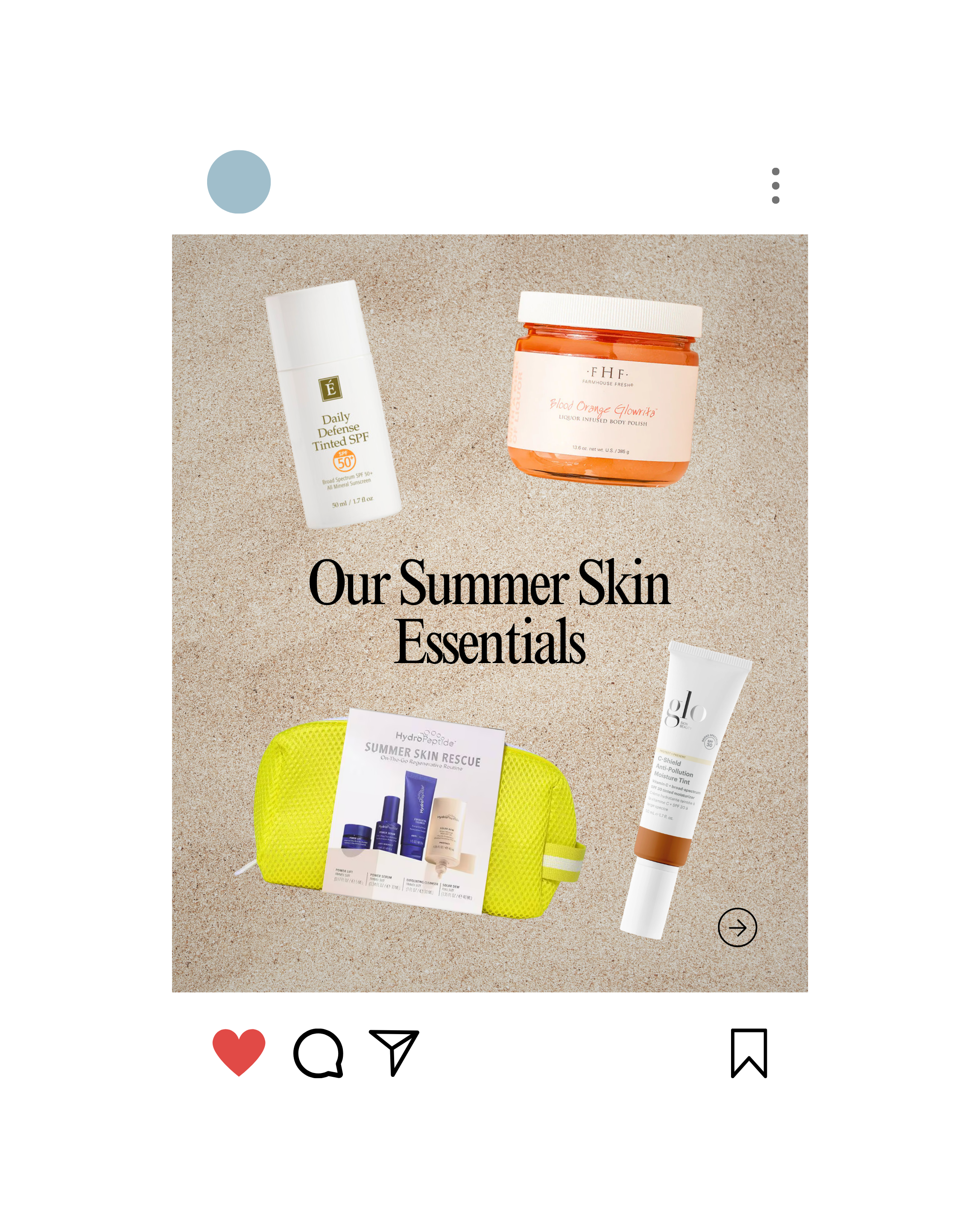 Social media graphic that promotes summer skincare essentials featuring sunscreen, body polish, skincare products, a yellow bag, and skincare samples on a sandy background.