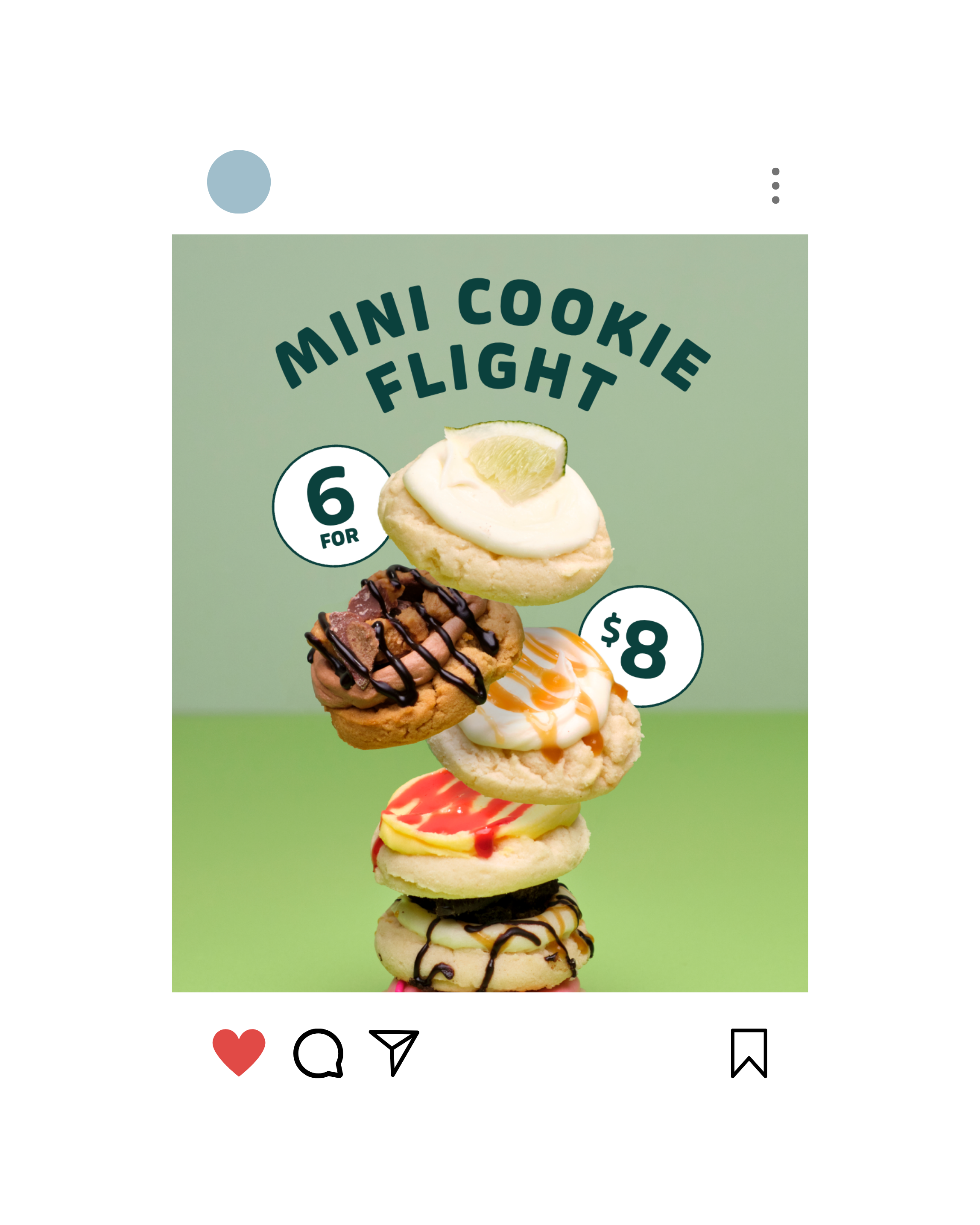 Social media graphic that showcases a vertical stack of colorful mini cookies, each topped with various icing, drizzles, and toppings, with prices and promotional text.