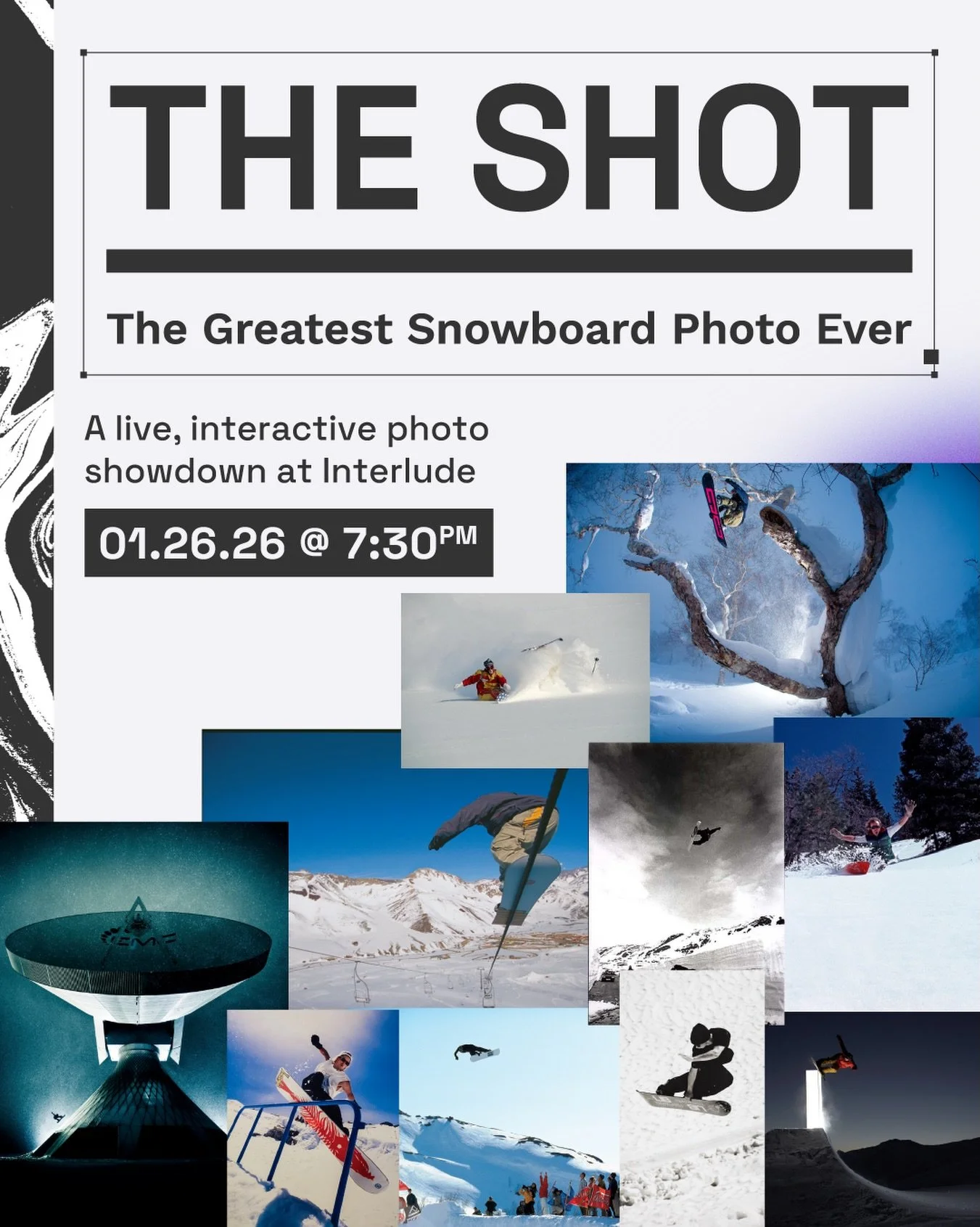 @nemodesign presents: THE SHOT - The greatest snowboard photo ever taken

Join us Monday 1/26 at @interludesnowshow in Salt Lake City for a live + interactive photo showdown of the best photos in snowboarding, curated by @trevorgraves and hosted by @