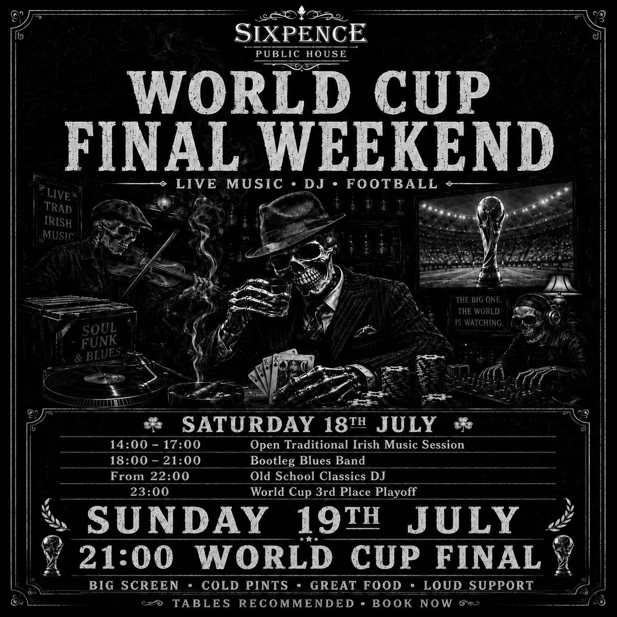 The world stops on Sunday.
Before that, we've got a weekend to enjoy.
Live traditional Irish music.
Live blues.
Old school classics.
World Cup football.
Join us for the biggest weekend of the summer at Sixpence.
Saturday 18th July
🎻 Trad Session 14:
