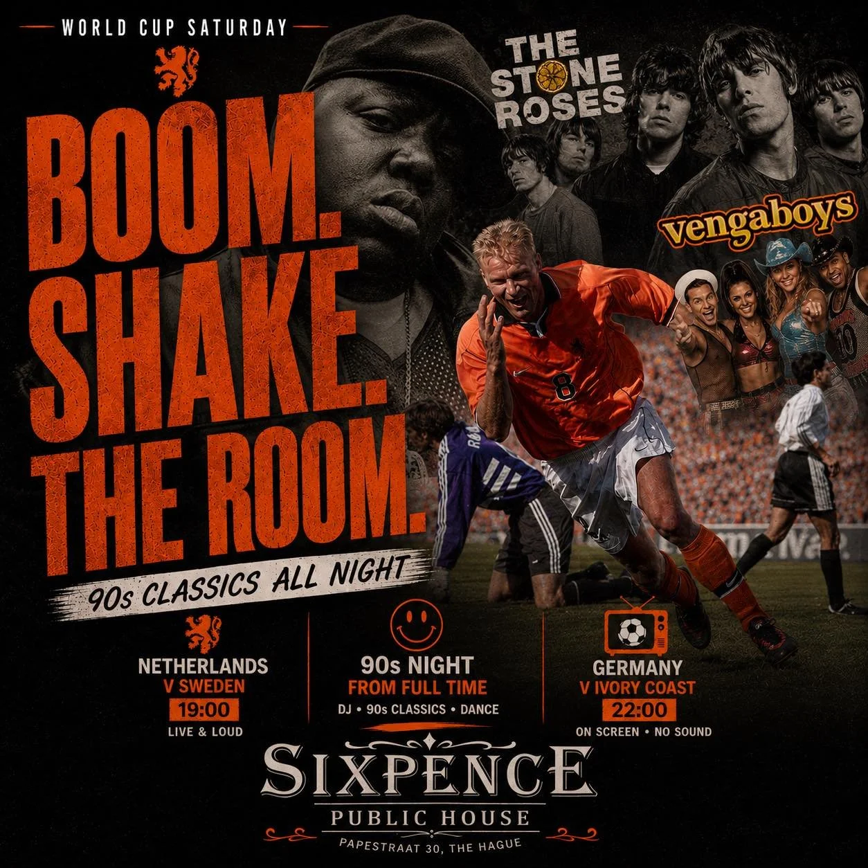 🇳🇱 Football.
🎶 90s anthems.
🍻 Saturday at Sixpence.

The Netherlands kick off at 19:00.

When the final whistle blows, we&rsquo;re turning the clock back to the greatest decade ever.

Expect The Stone Roses, Vengaboys, Oasis, Biggie, Blur, Pulp, 