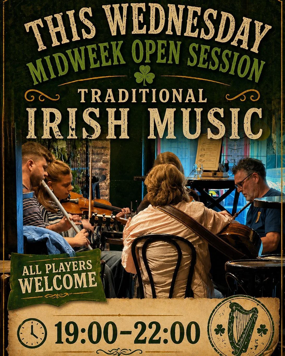 Midweek plans sorted 🍀

This Wednesday, join us for a traditional Irish music open session &mdash; where tunes are shared, pints are poured, and everyone&rsquo;s welcome to play.

🕖 19:00&ndash;22:00
🎻 All players welcome
🍻 Good vibes guaranteed
