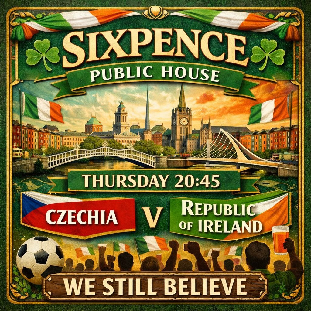Thursday night. Big match. Bigger atmosphere. 🇮🇪🔥 

Czechia 🆚 Republic of Ireland 
⏰ 20:45 

At Sixpence, everyone is welcome &mdash; whether you&rsquo;re backing the boys in green or just here for the buzz. 

🍔 Best pub food in town 
🍺 Best pi