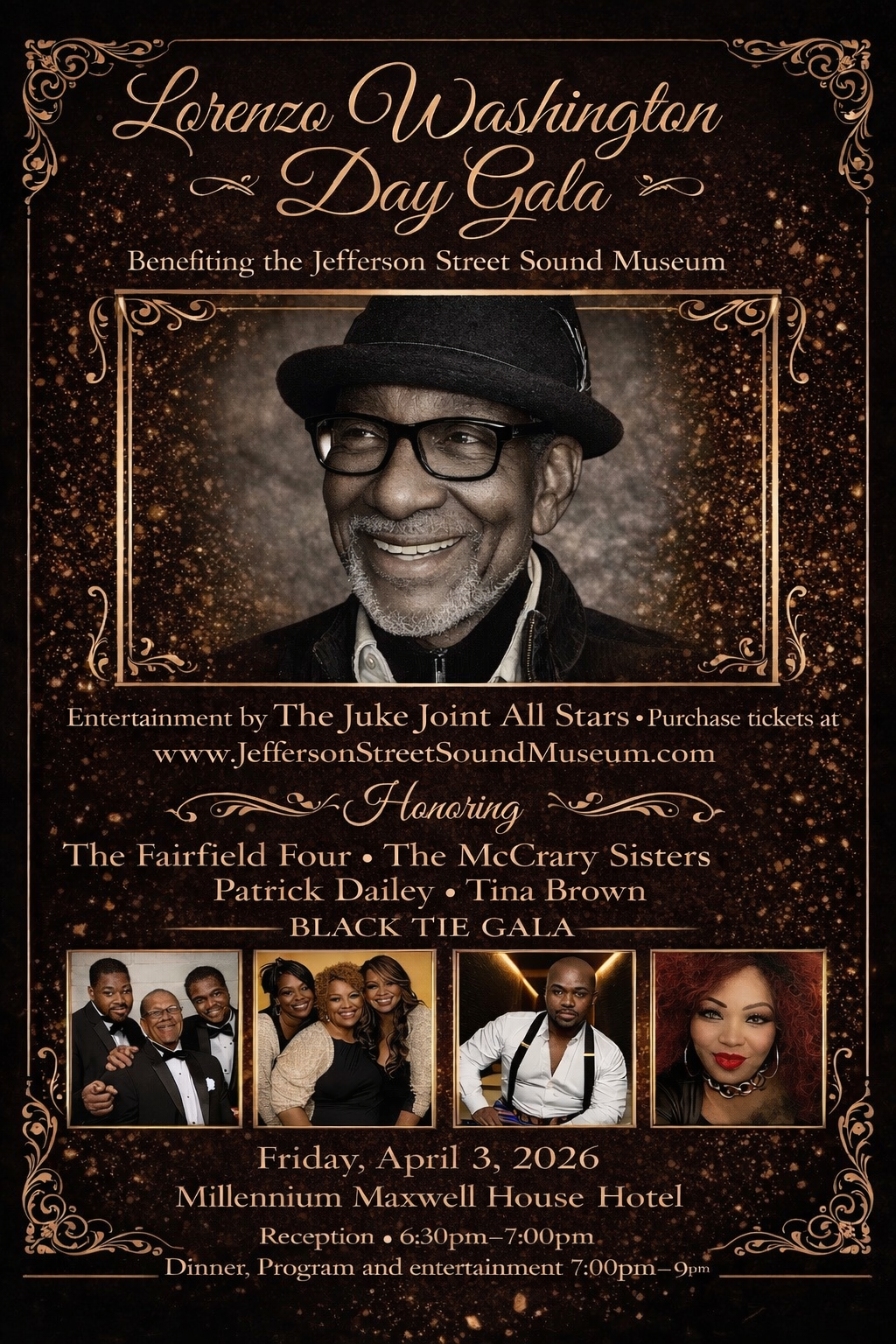 Poster for Lorenzo Washington Day Gala honoring the Fairfield Four, The McCrary Sisters, Patrick Dailey, and Tina Brown