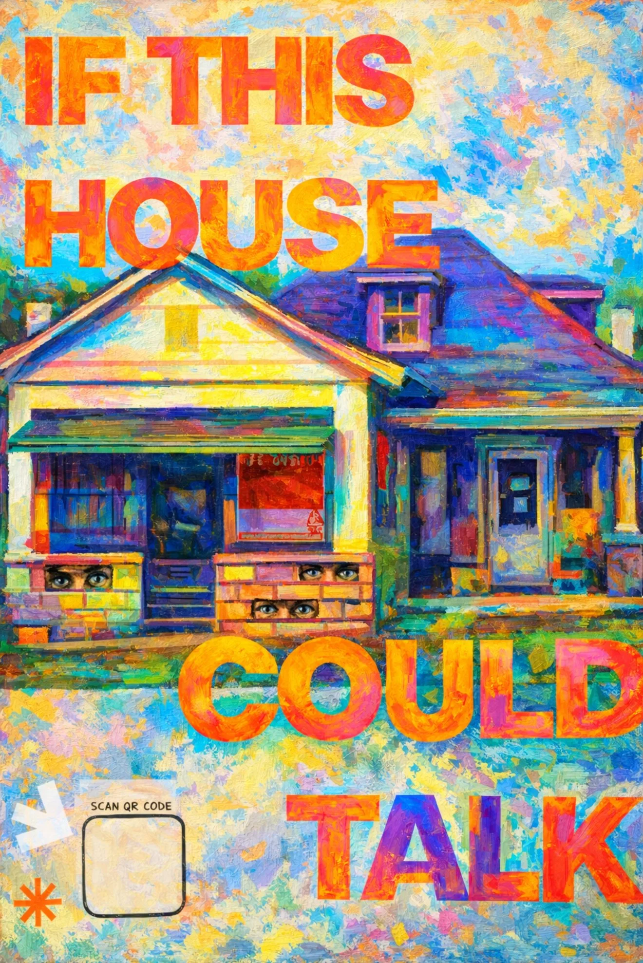 Colorful mural painting of the JSSM House with Civil Rights' Leaders eyes in the bricks