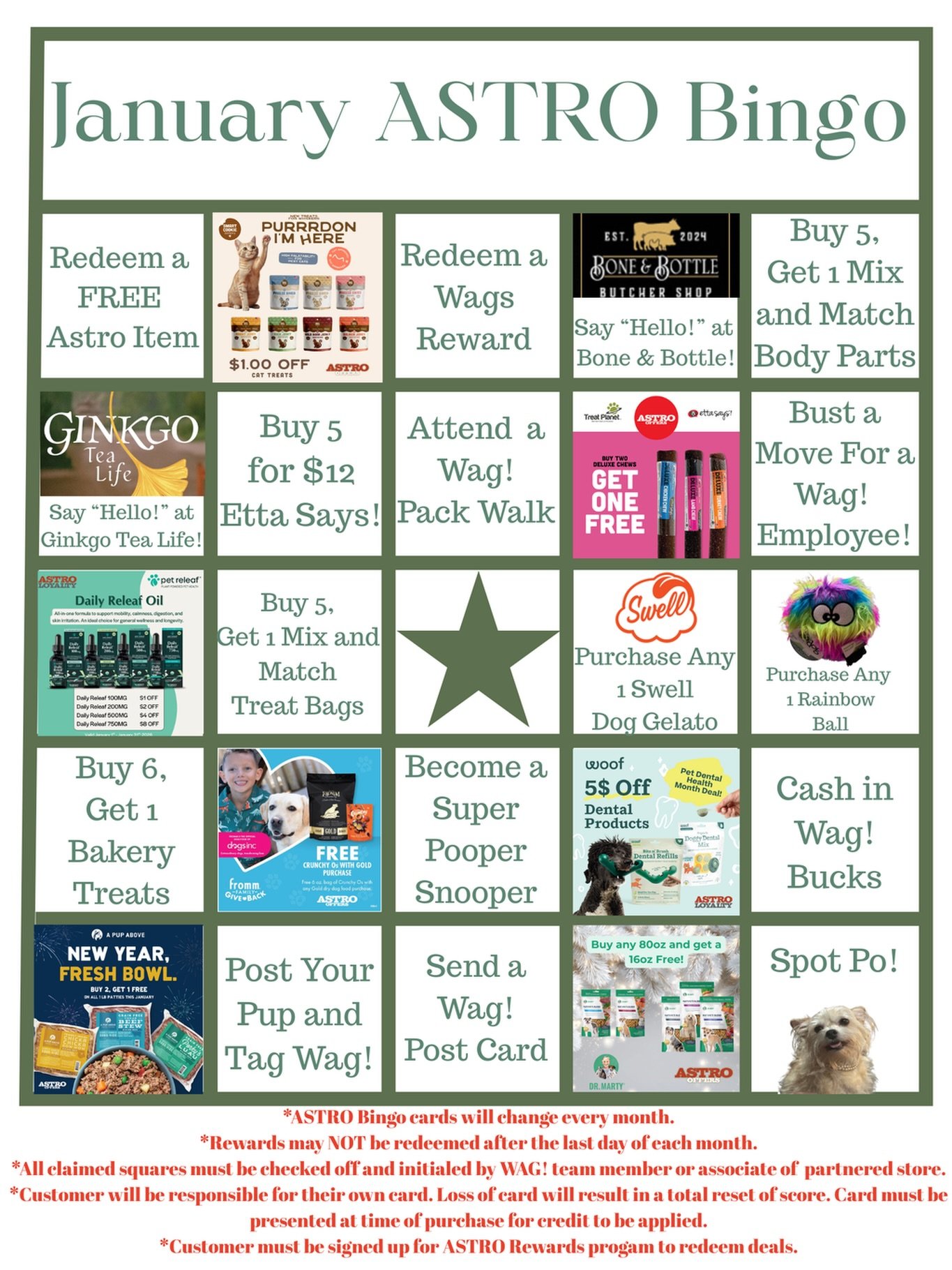 Wag! Bingo is officially in play 🐾

Think classic bingo with a Wag twist.
Stop in, grab a card, and have it marked as you go by a Wag team member or one of our neighbor shops.

Keep track of your card, make sure you are signed up for Astro Deals, an