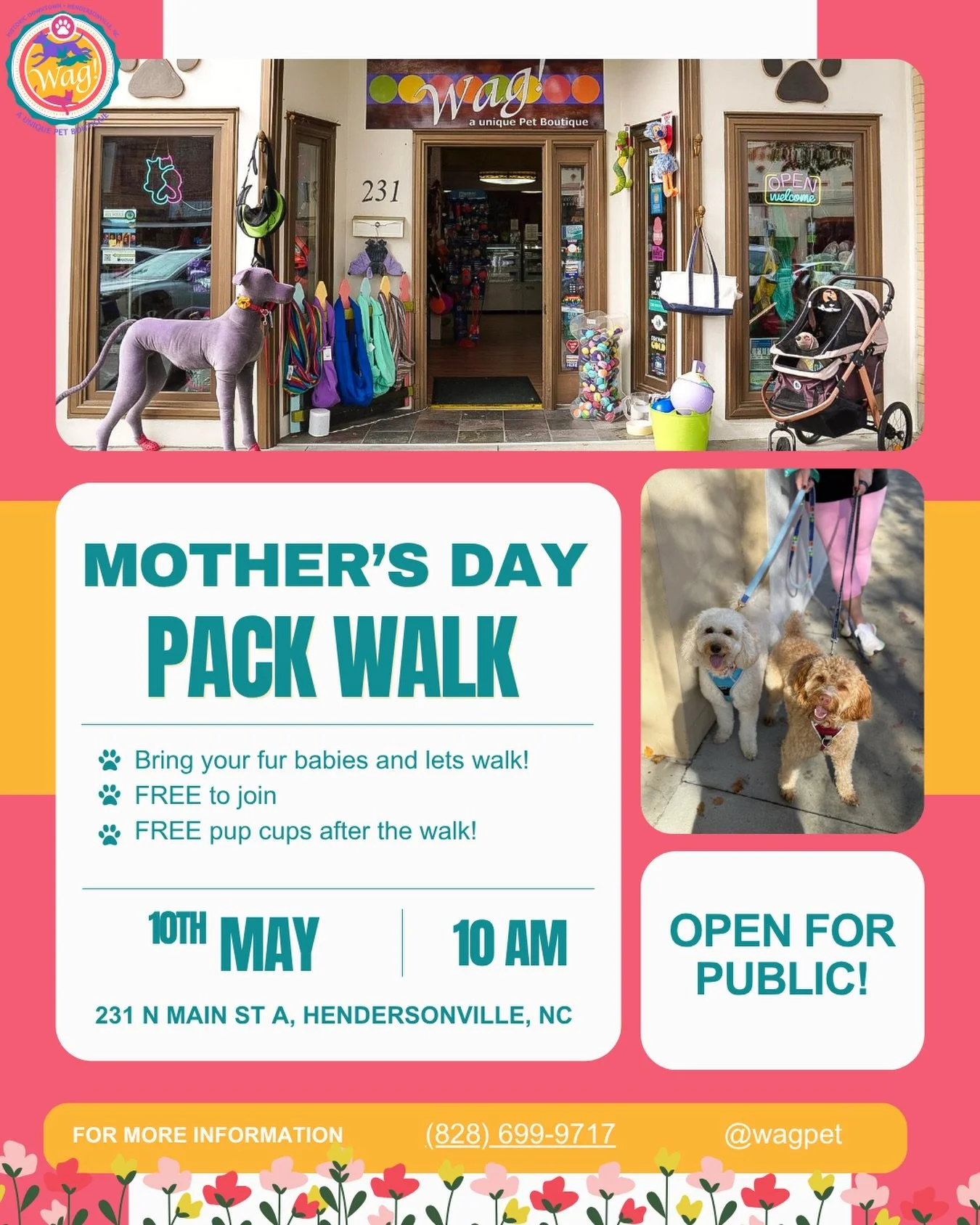 Our next pack walk falls on a very special day, Mother&rsquo;s Day! 💓🐶

Bring your fur babies (and human ones if you have &rsquo;em) and join us at Wag for a pack walk around town at 10 AM. It&rsquo;s completely free to attend and a fun way to conn