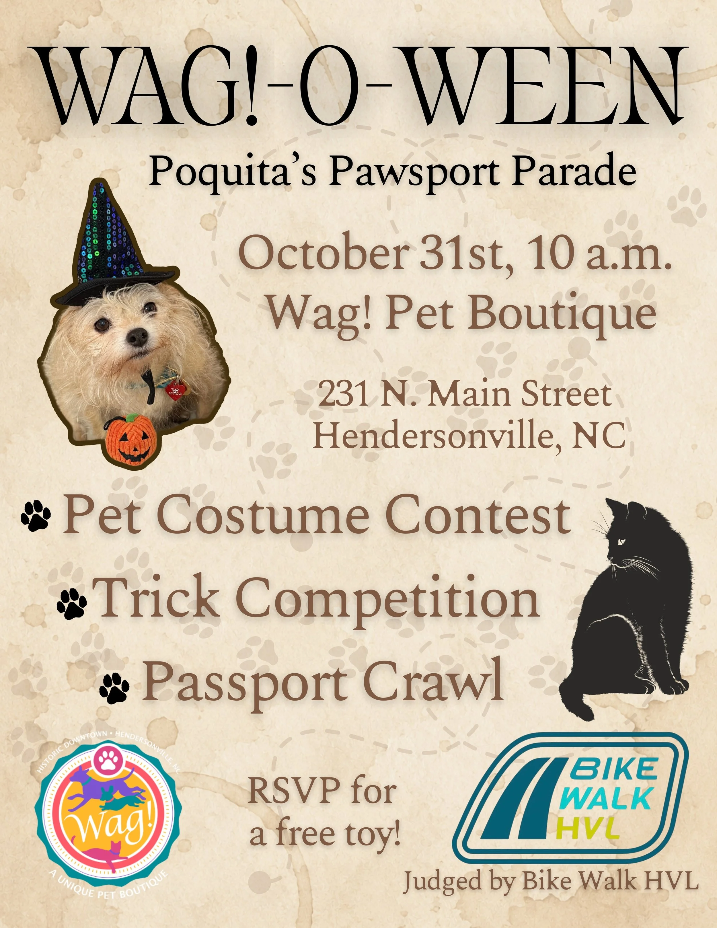 Halloween morning at Wag! is going to be SO much fun. 🎃🐾

Dress up your pets and come spend Halloween with us on Main Street! We&rsquo;ll kick things off at 9:30 with check-in, followed by our Pet Costume Contest + Trick Competition at 10:00.

And 