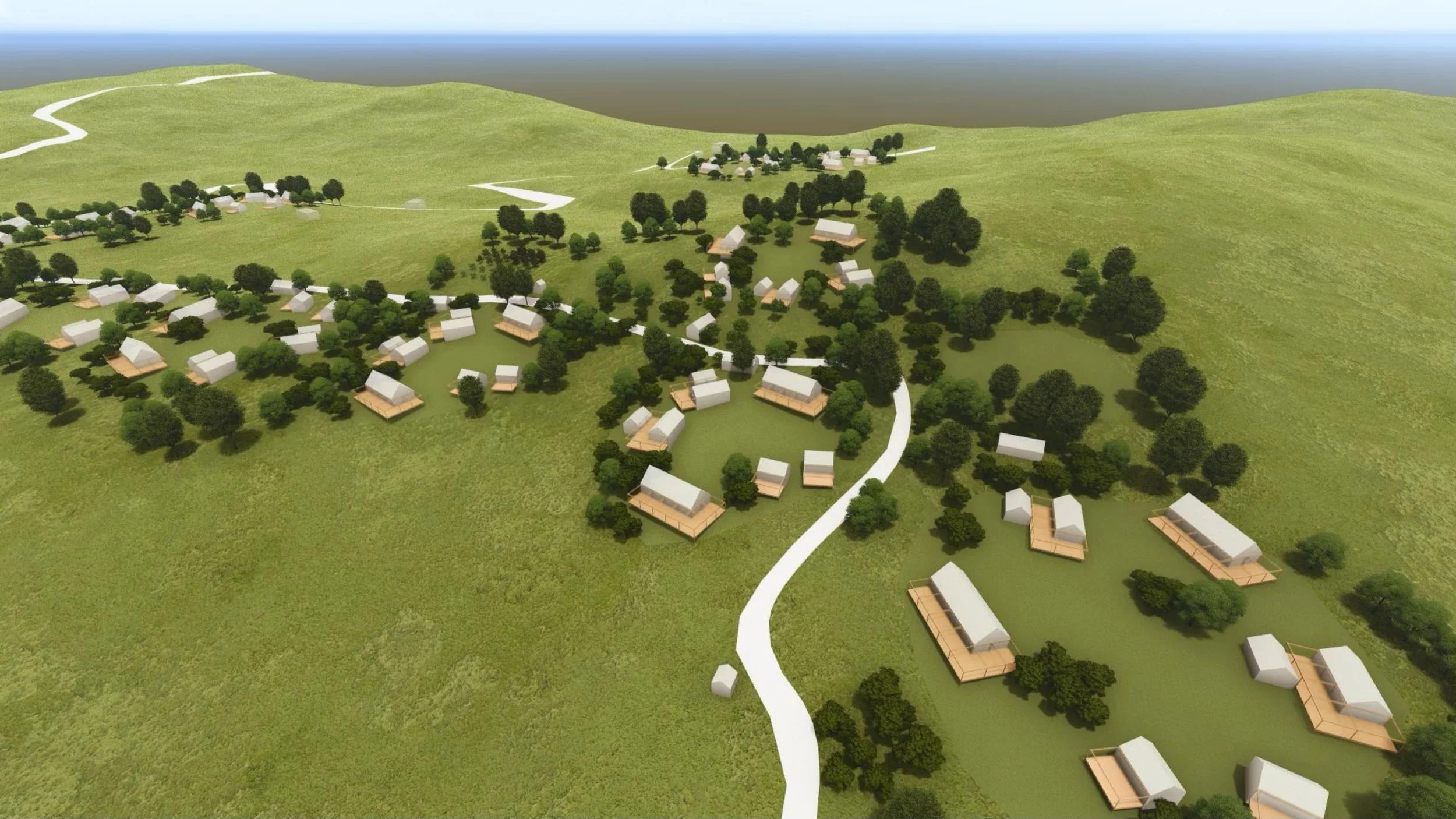 3D concept model of proposed Whirinaki papakāinga housing clusters on higher ground.