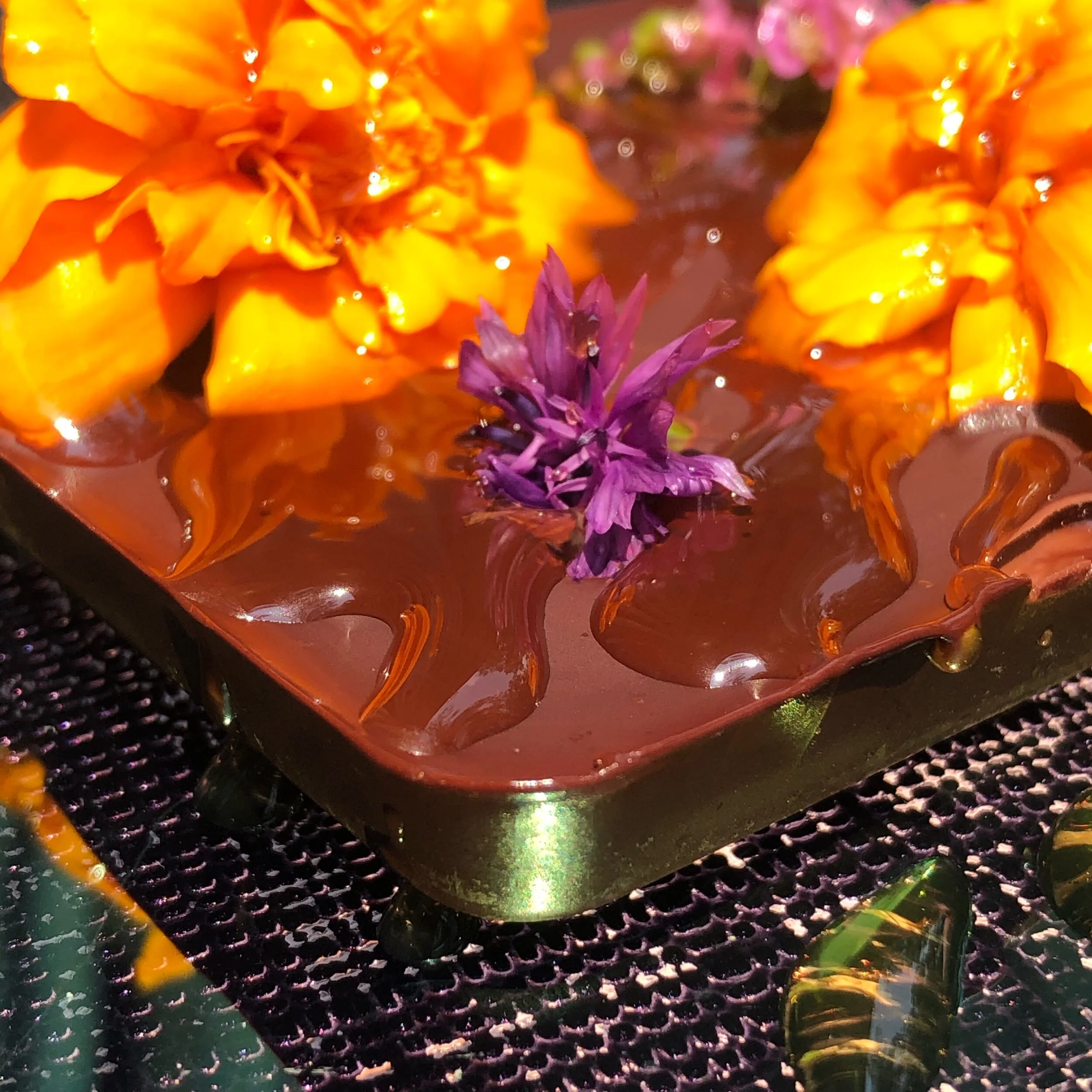 Cacao Ecuador, local honey, with garden flowers: marigold, corn flower, pink yarrow