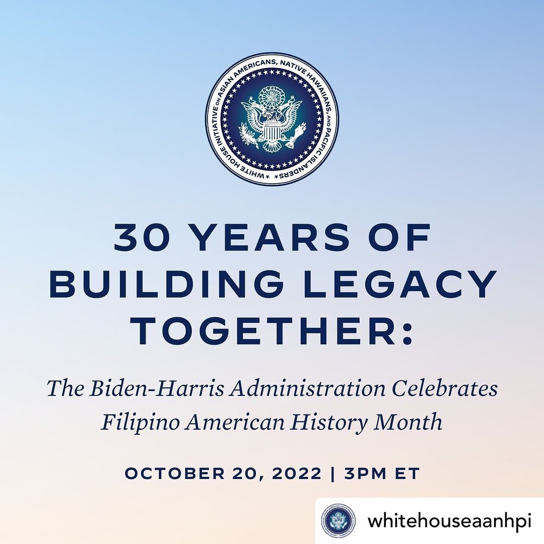 Please share!

Repost: Please join @whitehouseaanhpi, Biden-Harris Administration leaders, elected officials, and community leaders for a virtual Filipino American History Month celebration on October 20.

Together, we will mark 30 years since the fi