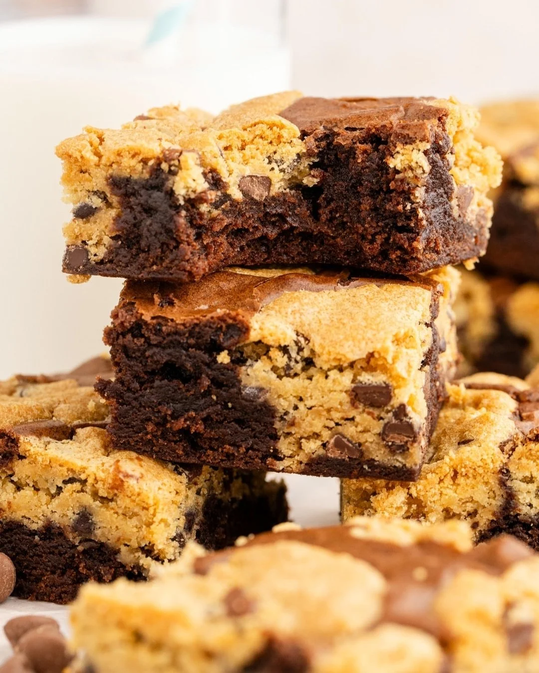 Think of a layer of fudgy, warm, chocolatey brownies, topped with soft, fluffy chocolate chip cookie dough that is crisp on the edges with slightly melted chocolate chips in the middle. My Chocolate Chip Cookie Brownie Bars are the perfect sweet trea