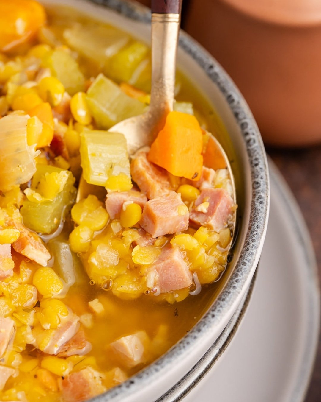 If you have leftover ham from Christmas &mdash; turn it into Crockpot Split Pea Soup. Soft split peas, smoky bacon, and tender chunks of ham make it cozy, easy, and perfect for a post-holiday dinner. (P.S. If you made our Honey Ham, this is your next