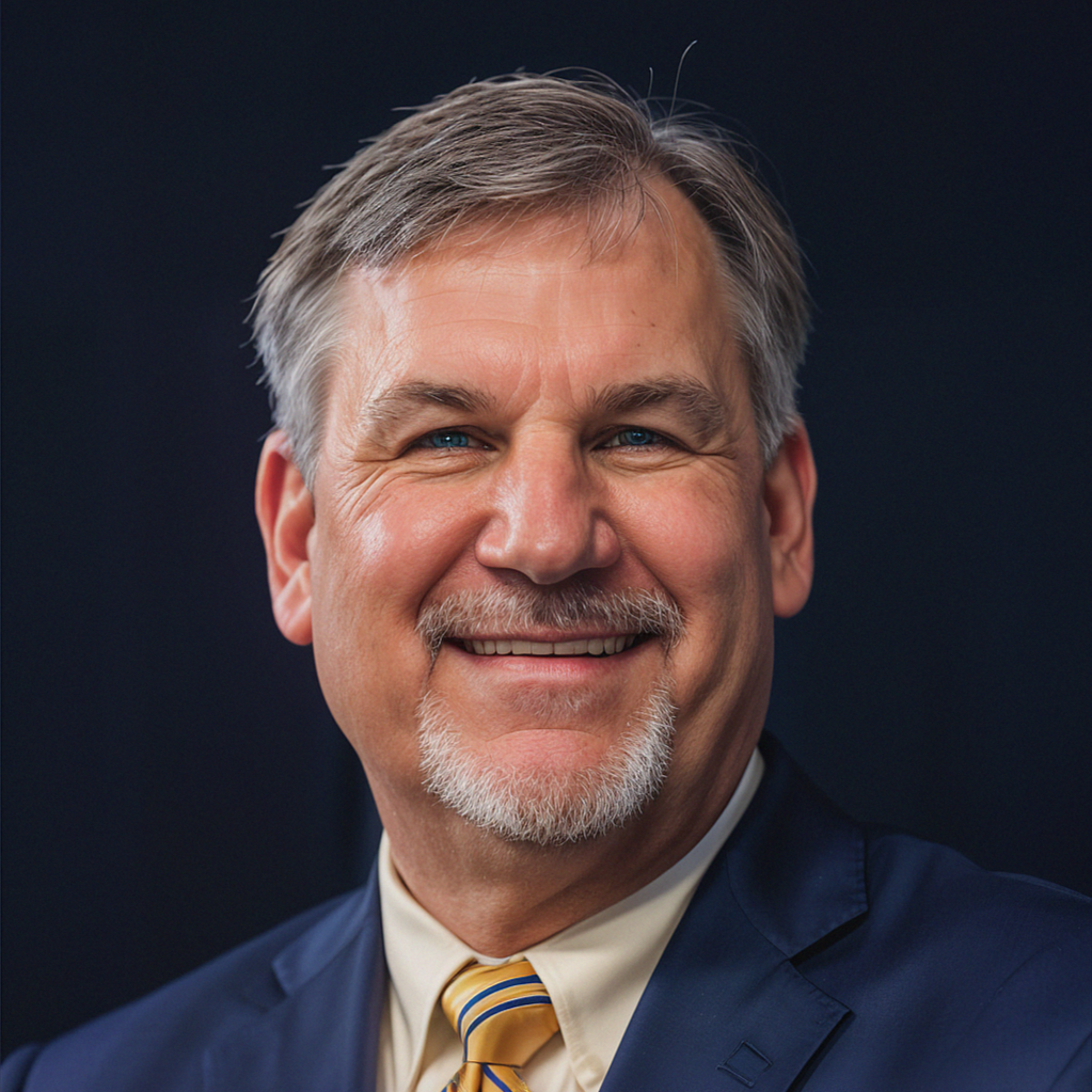 Close-up of a smiling middle-aged man with gray hair, blue eyes, and a beard, wearing a navy blue suit, a light-colored shirt, and a yellow striped tie, against a dark background.
