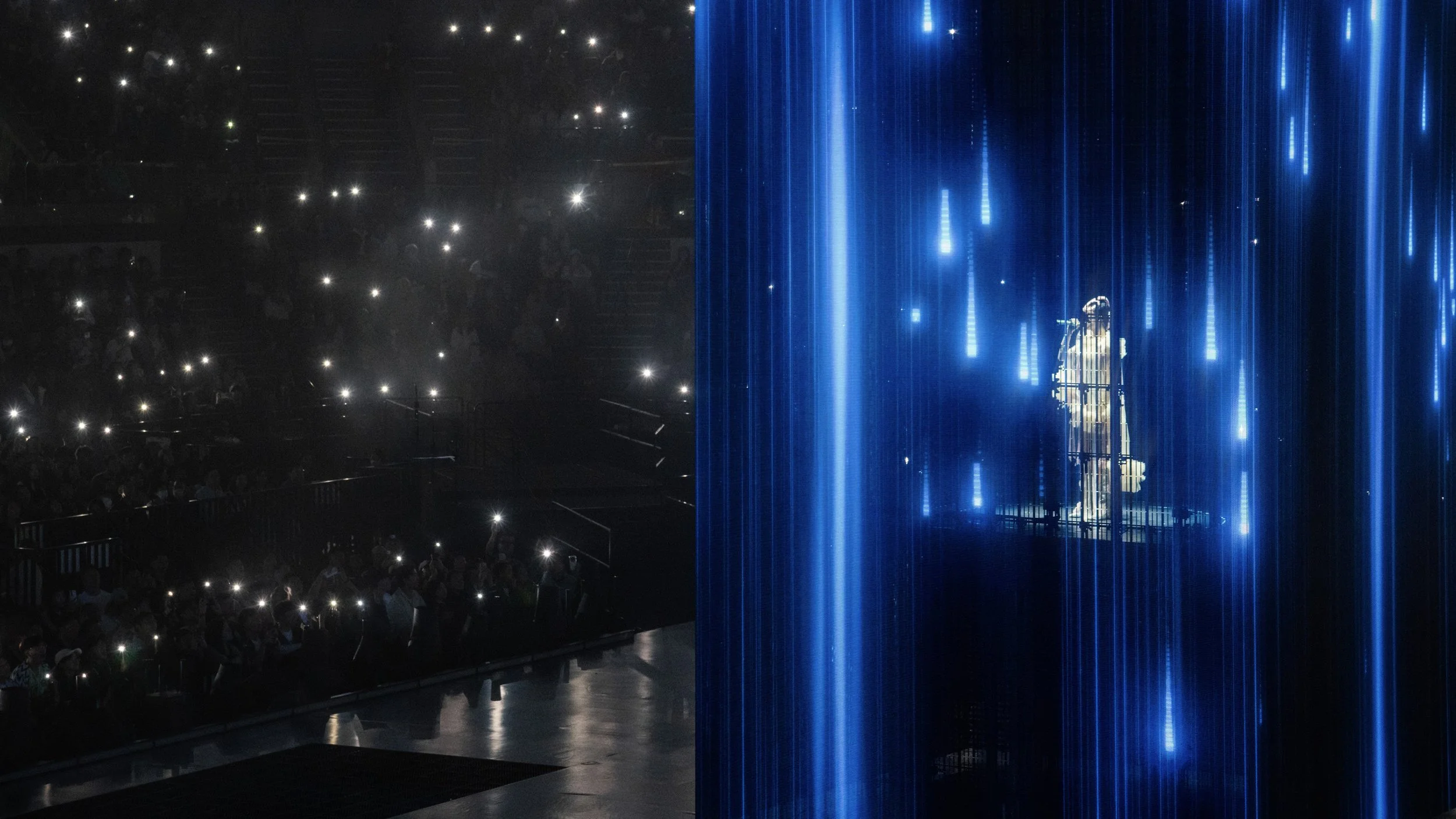 Jace World concert scene with digital rain LED backdrop inspired by Green Snake transformation, pop concert stage design by London set designer Ruby Law.