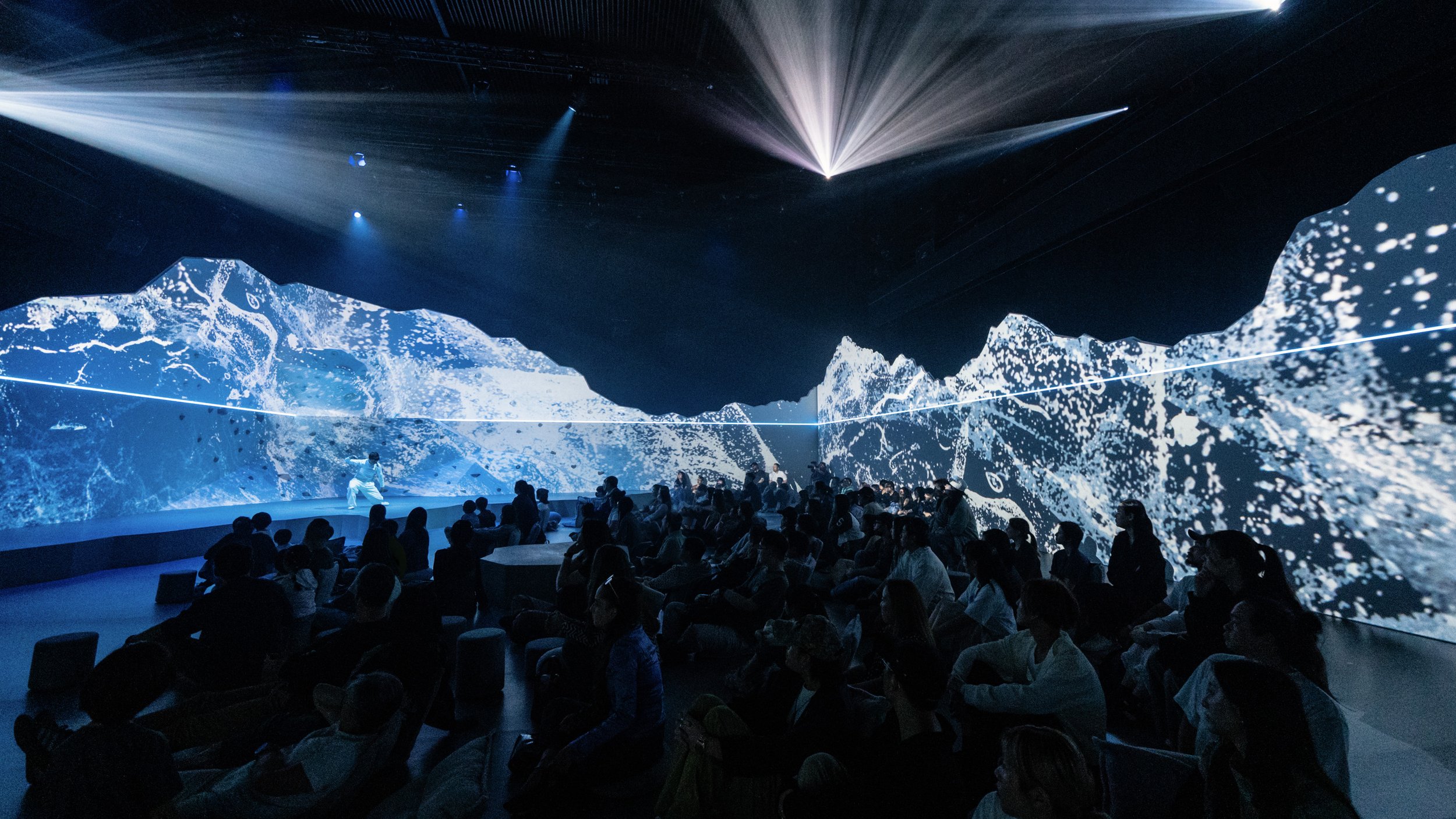 Audience experience within panoramic projection mountain set, immersive design by Ruby Law RULA London