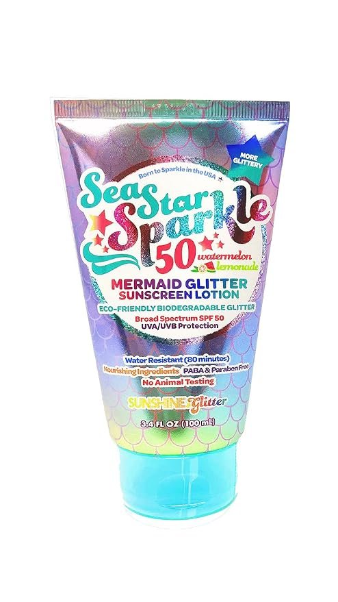 Another great sparkle sunscreen- I usually use these just a bit on the arms where the kids can see it sparkle- makes them a little more open to the whole sunscreen process if they know glitter is involved!