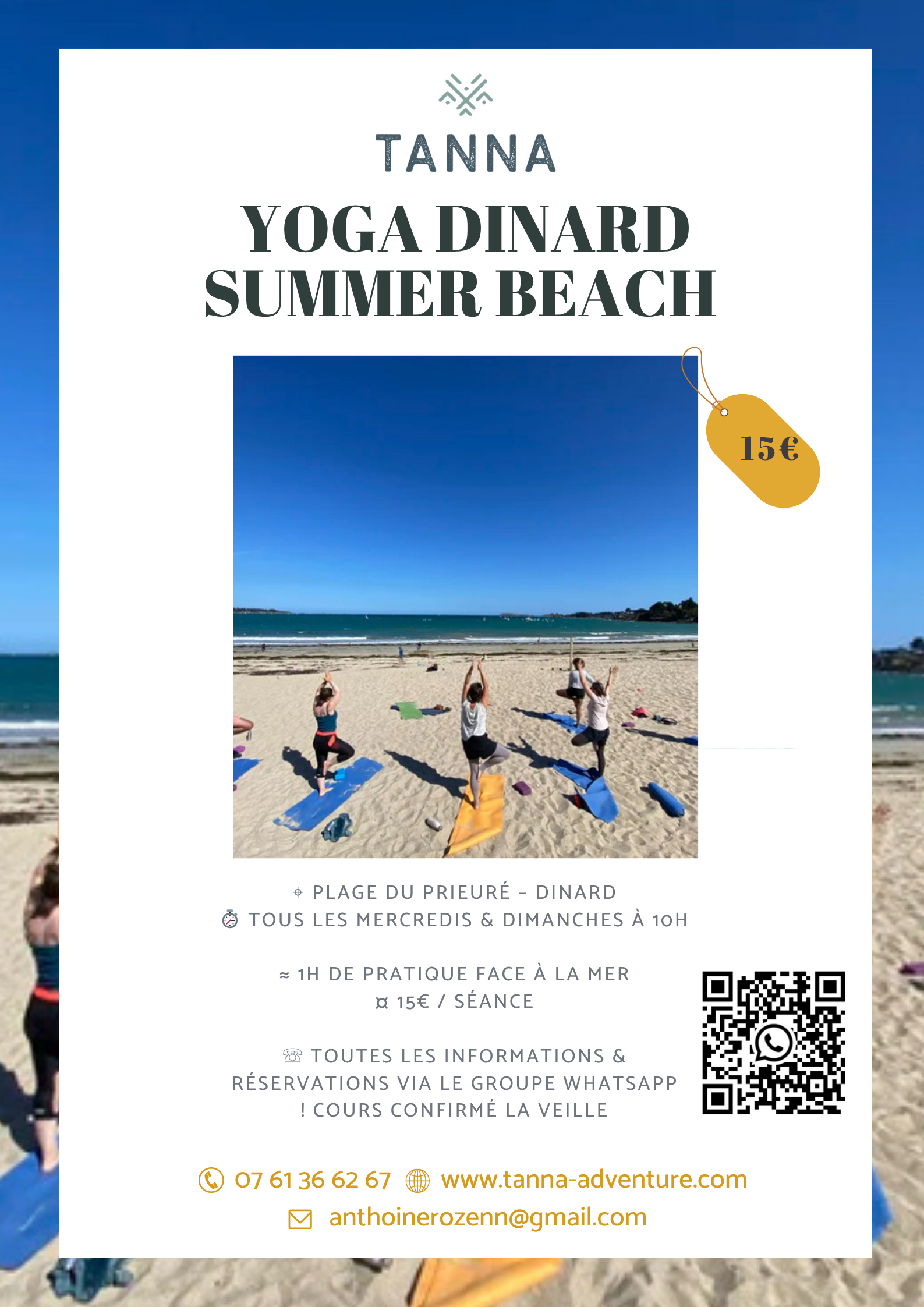 Affiche promotionnelle pour un cours de yoga sur la plage du Prieuré à Dinard, avec une photo de personnes pratiquant le yoga sur le sable, prix 15€ par séance, réservé via WhatsApp.