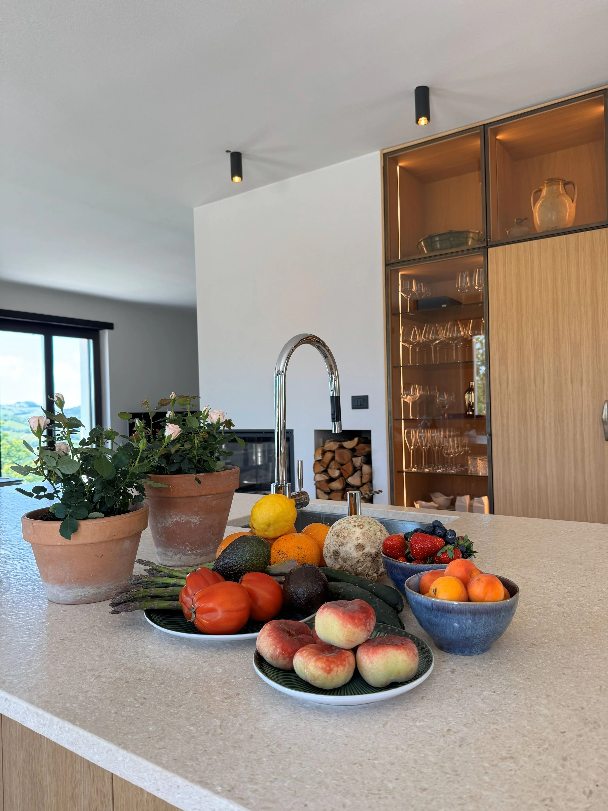 Kitchen island with local fruits and vegetables